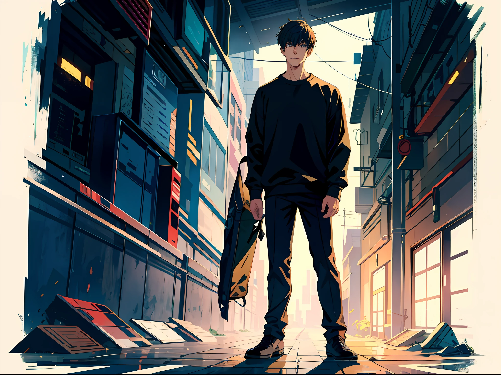 High resolution, highest quality, illustrations, super detailed, a handsome young man standing on the ground in a black sweatshirt, his body full of scars