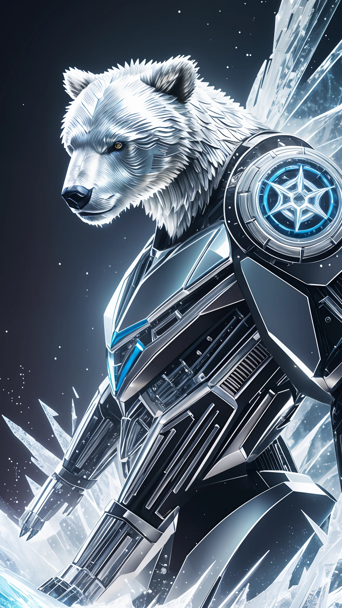 "Glacial Metallic Bear" Description: This NFT represents a majestic White Robotic Bear, with its shimmering silver and blue-toned coating evoking the coldness and elegance of an iceberg. Every meticulously modeled detail, from its powerful claws to its piercing eyes, captures the perfection and sophistication of the robotic form. With its gleaming metallic appearance, this NFT is a true digital artwork that combines the raw strength of the bear with technological aesthetics. --auto --s2