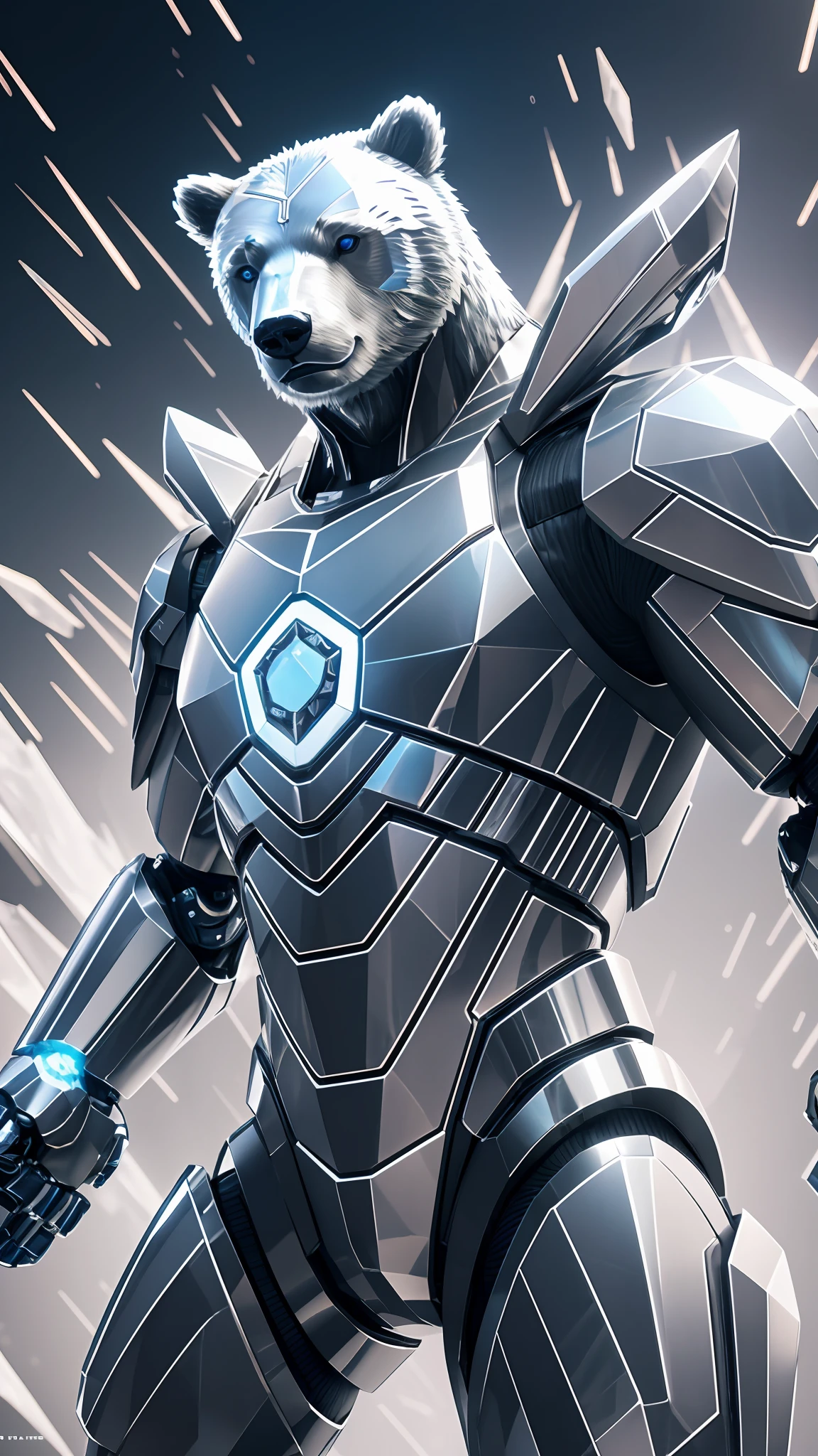 "Glacial Metallic Bear" Description: This NFT represents a majestic White Robotic Bear, with its shimmering silver and blue-toned coating evoking the coldness and elegance of an iceberg. Every meticulously modeled detail, from its powerful claws to its piercing eyes, captures the perfection and sophistication of the robotic form. With its gleaming metallic appearance, this NFT is a true digital artwork that combines the raw strength of the bear with technological aesthetics. --auto --s2