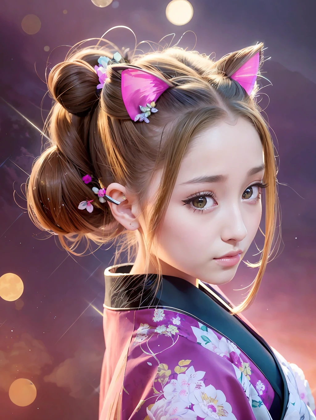 High resolution, high definition, Ariana Grande: 1.8, American singer, actress, singer-songwriter, dark blonde hair, high ponytail, cat ears, ((show me your forehead)), kimono, detailed kimono, beautiful detailed eyes, thin ornamented kimono, full body, Taisho era scenery, deep landscape, amazing illumination, light effects, night sky!