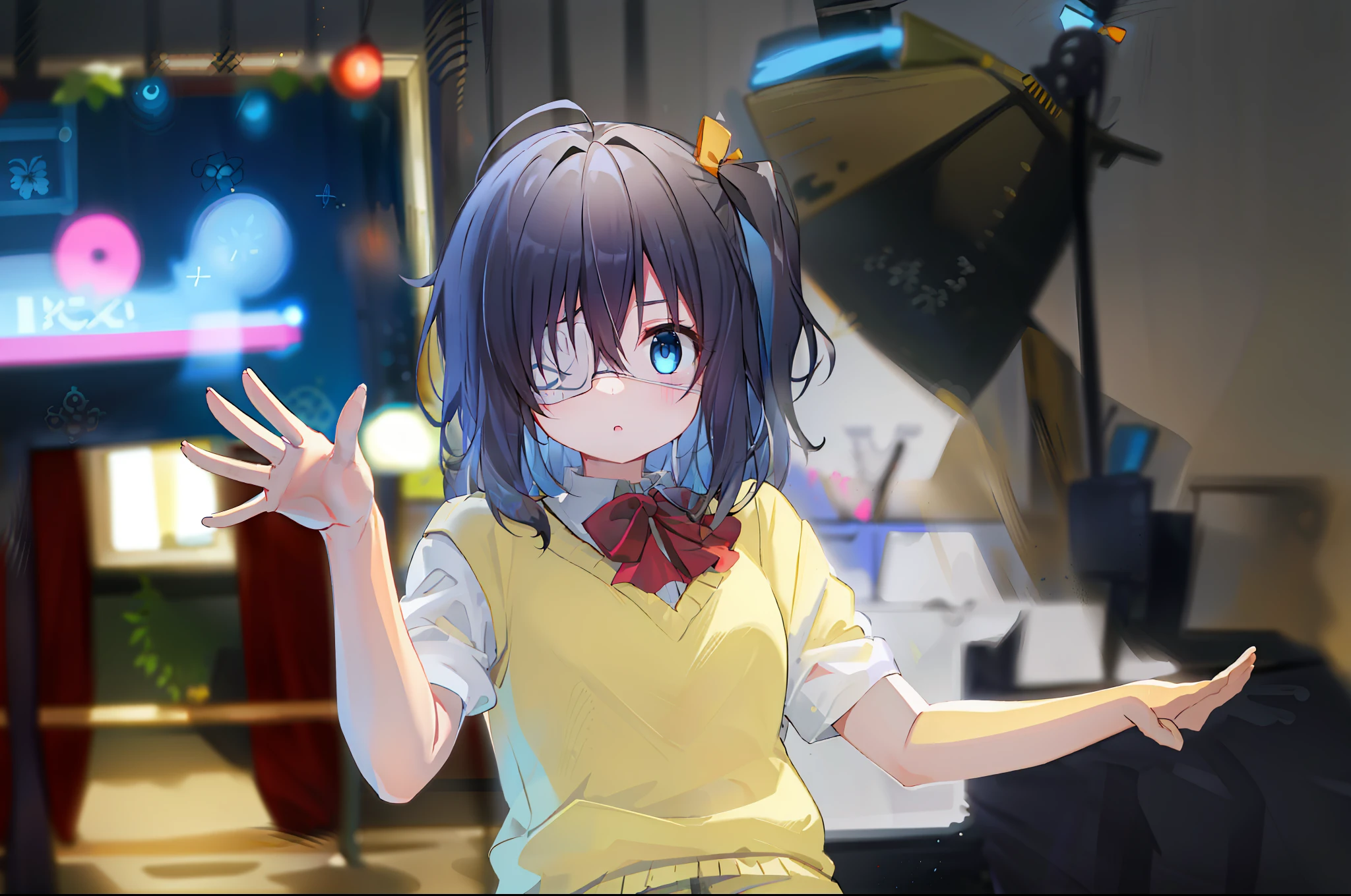 high res, masterpiece,Rikka Takanashi, black hair, solo, 1girl,outside,deatailed background, detailed eyes, ((blue eyes)), eyepatch