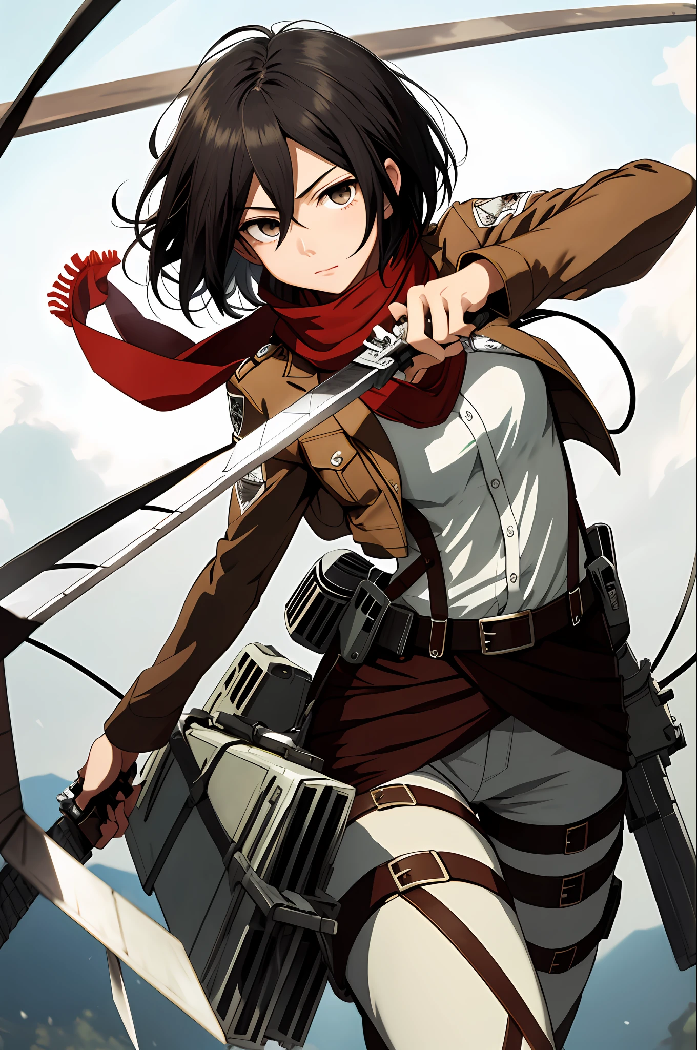 Mikasa, masterpiece, best quality, highres, hmmikasa, short hair, black eyes, scarf, emblem, belt, thigh strap, red scarf, white pants, brown jacket, long sleeves, holding weapon, sword, dual wielding, three-dimensional maneuver gear, fighting stance, jumping, sky, highest quality, high resolution.