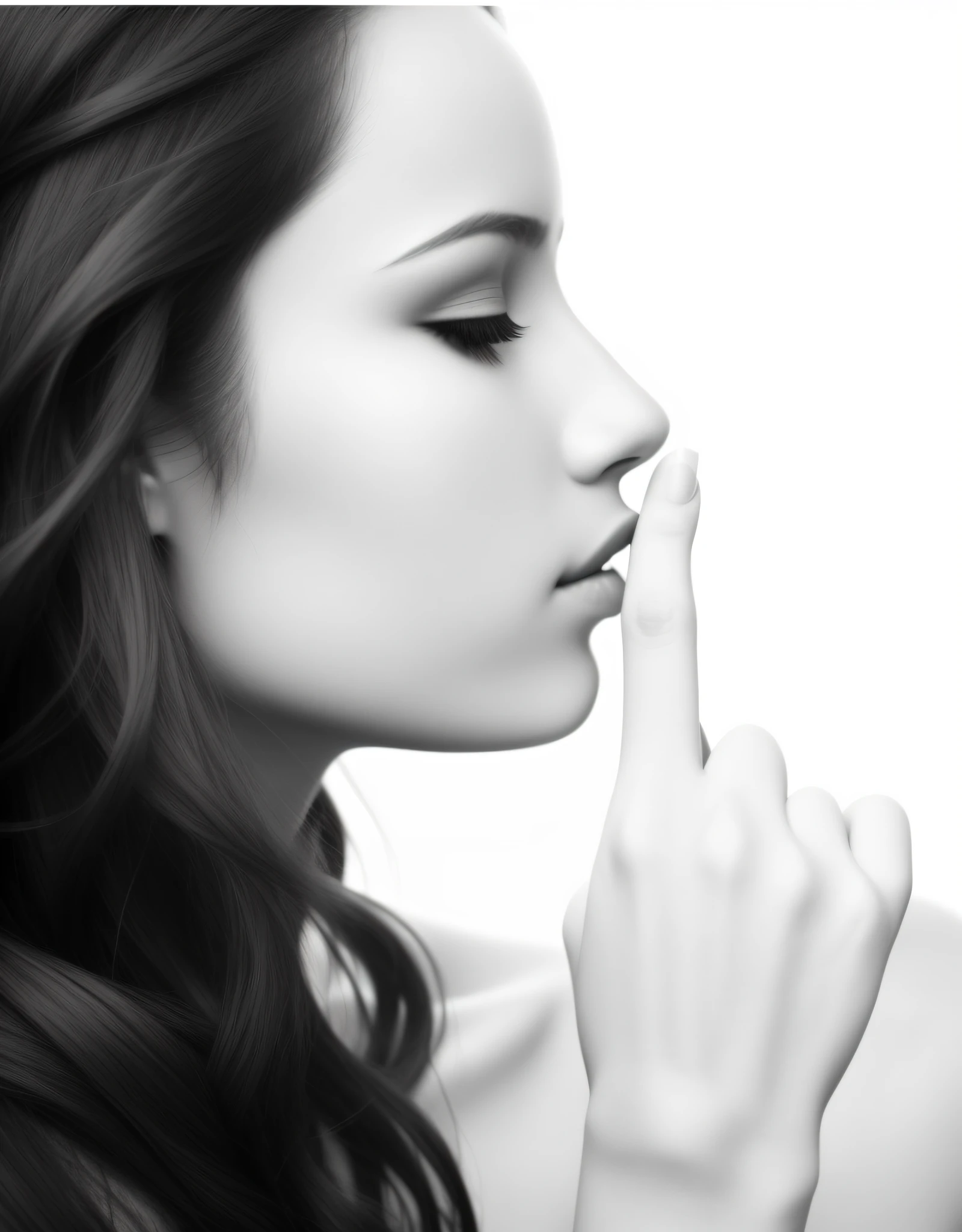 black and white photo of a woman with finger on lips, hand over mouth, small pointed lips, big round nose closed, hand on cheek, with very thin lips, hand on chin, 1024x1024, editorial photo, beautiful, beautiful photo, very beautiful photo, angel portrait as a beautiful female model, beautiful face,, dramatic lighting, Eyes closed