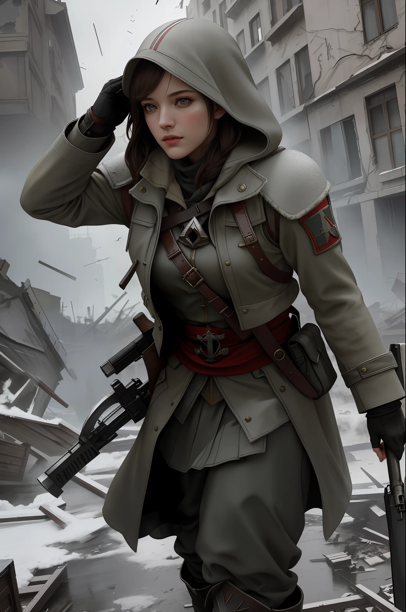 Create a compelling Assassin’s Creed Concept Art piece inspired by the WW2 era, crafted in the style of ultra-realistic visuals with meticulous attention to detail. Portray a young and captivating European girl adorned in a worn Soviet military uniform, her face obscured by a hood. Set the scene amidst the haunting aftermath of a battlefield, showcasing the devastation and destruction left in the wake of war. Emphasize the realism and intricacy of the environment, capturing the gritty textures, shattered structures, and somber atmosphere in stunning 8K resolution.