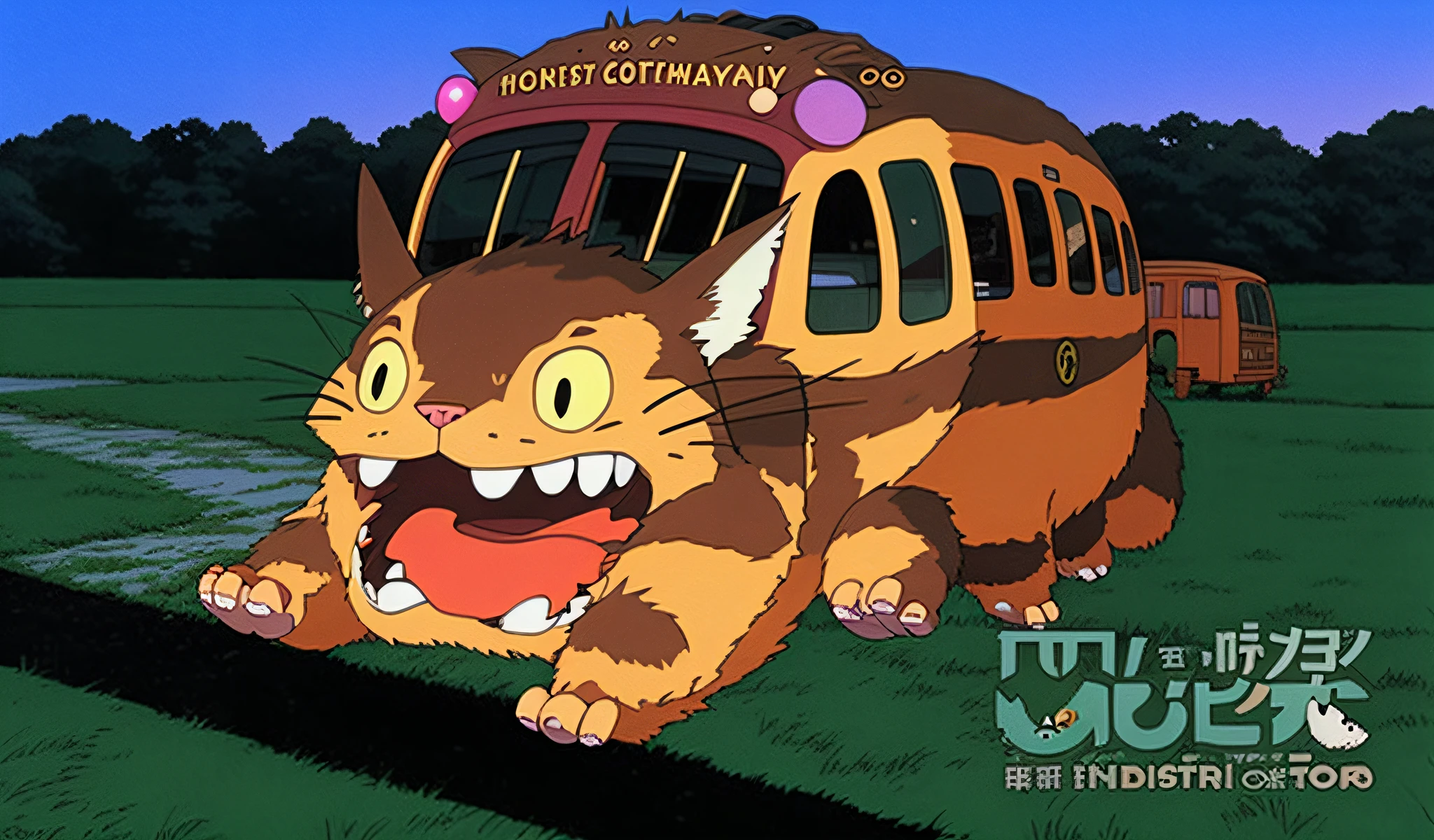 cartoon of a cat running across a field with a bus in the background, totorrl, giant cat monster, hidetaka miyazaki, totoro, my neigbor totoro, real life totoro, ghibli style, anime”, ghibli studio anime style, of totoro, trending on studio ghibli, anime cat, ghibli vibe, studio ghibli style