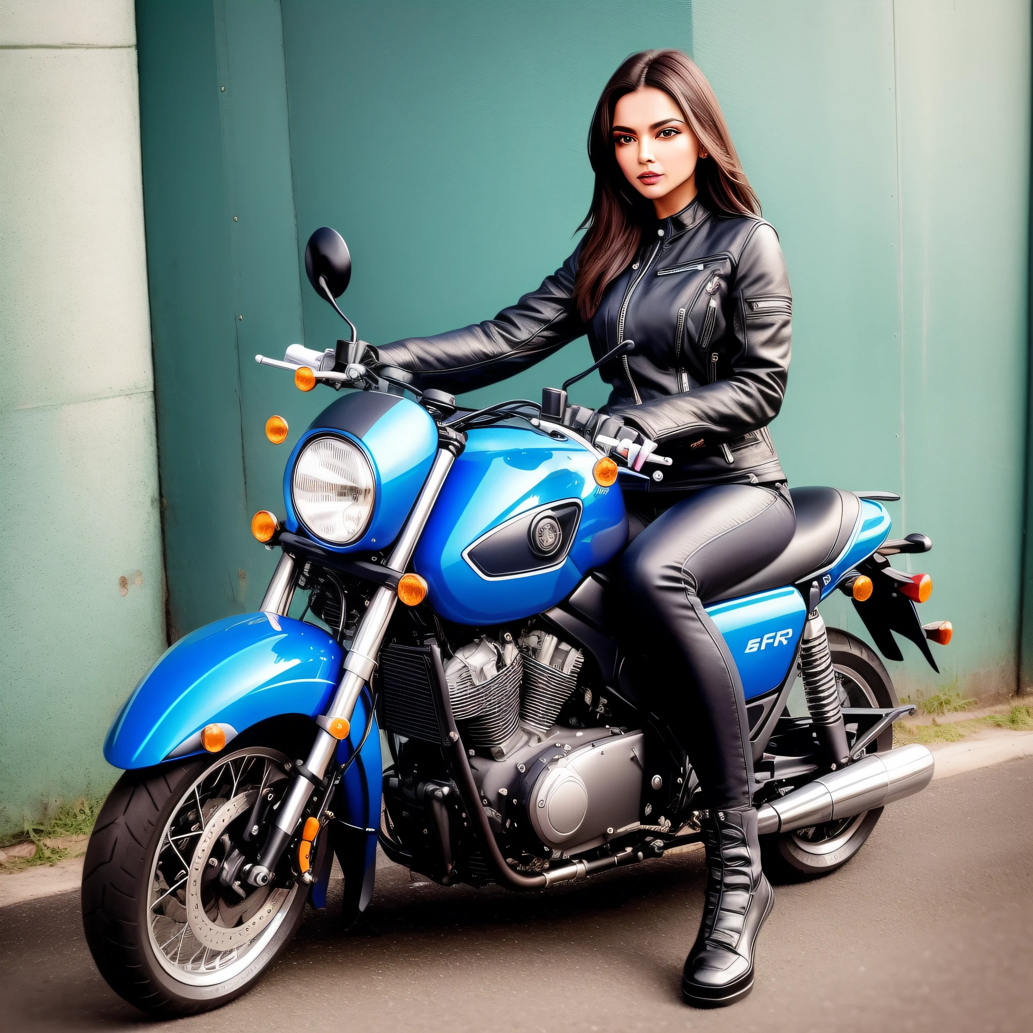 Arafe woman sitting on a blue motorcycle in front of a red wall, moped, in the style of Deepika padukone, riding a motorcycle, motorcycle from the photo, riding a motorcycle, driving a moped, sitting on a motorcycle, stylish pose, artistic pose, motorcycle, motorcyclist, looking cool and elegant, with a cool pose, edited, ultra detailed, no motorcycle change keep that of the example