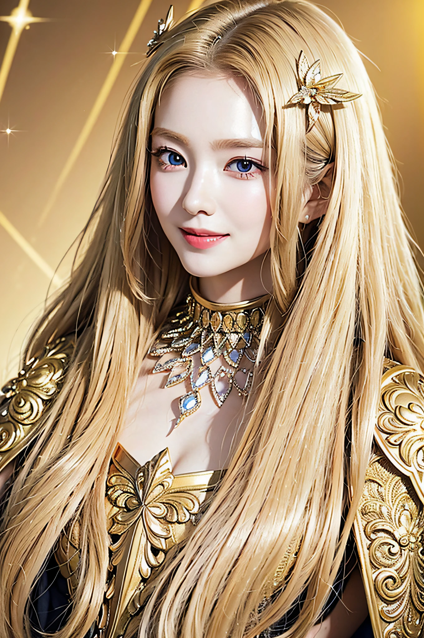 Golden diamond armor, long blonde hair, golden pupils, golden light background, golden transparent wings, diamond texture, smiling, golden eyes, flashing notes around, maiden, golden starlight, dazzling