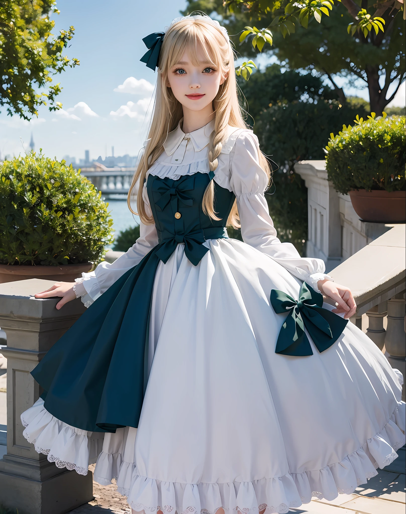 masterpiece, park, blue sky, fine blonde, long hair, long eyelashes, green eyes, smile, hair ribbon, gentle expression, bangs bangs, lolita fashion, full body photo