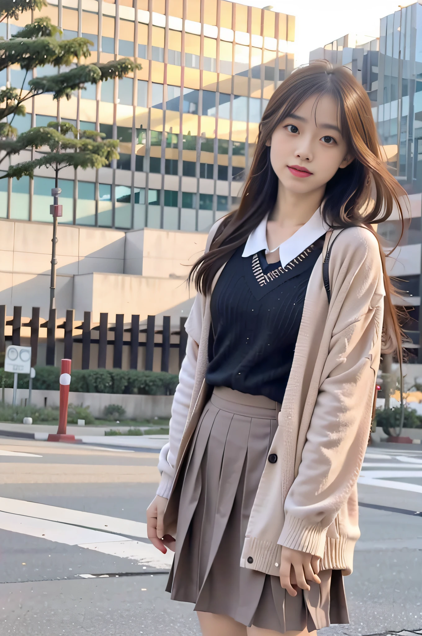 sidewalk, RAW photo, 8K, highest quality, super high resolution, beautiful face details, real human skin, gentle expression, front view, angle from below, shawl long hair, realistic, realistic, cute, short skirt, standing deep in the city, cute schoolgirl, japanese schoolgirl uniform, wearing japanese school uniform, surreal high school girl, full body,