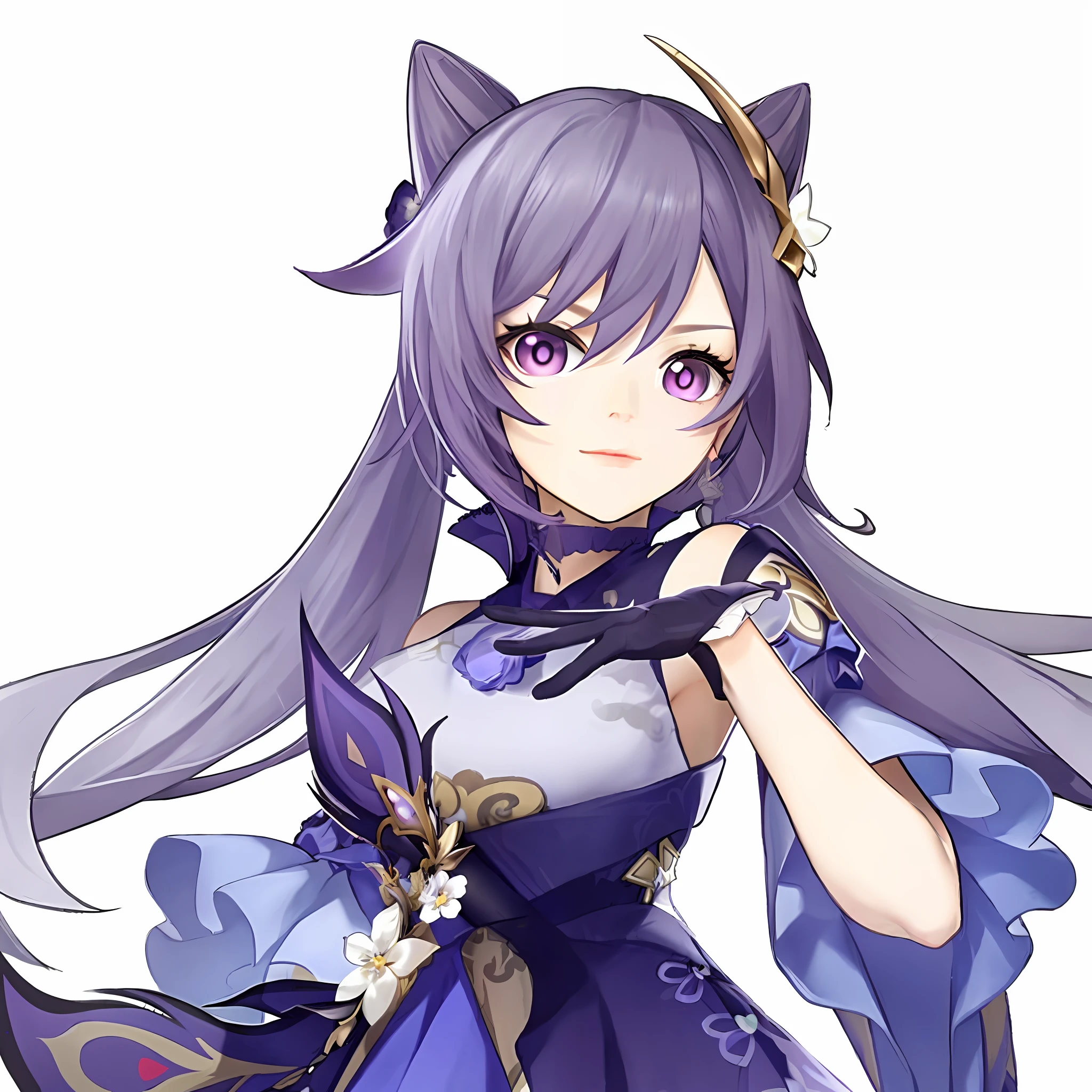 Masterpiece, (Photorealistic: 1.4), Top Quality, Beautiful Lighting, (ulzzang-6500:0.5), Choshin (Genshin Impact), (Gray Hair) + (Long Hair) + + (Bangs), Purple Eyes, (((Luminous Eyes)), Purple Kimono, RAW Photography, 8k UHD, Film Grain, Genshin Impact Characters