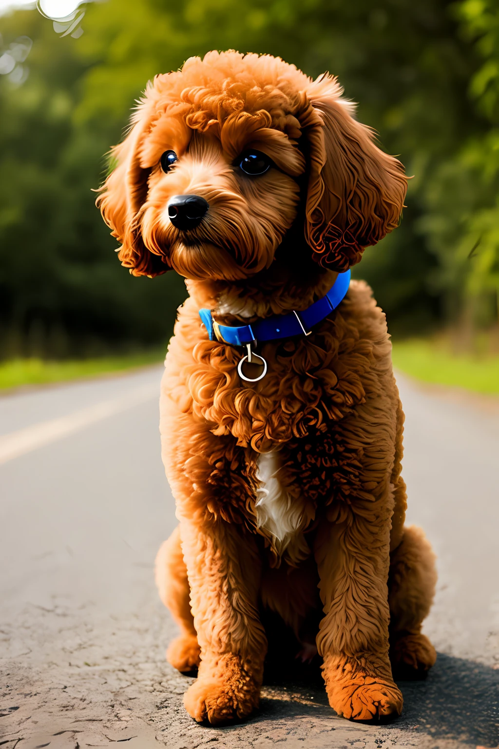 photprealistic, closeup, 1toy poodle dog, brown hair, sitting on a road, closeup, hyperdetailed, cinematic,