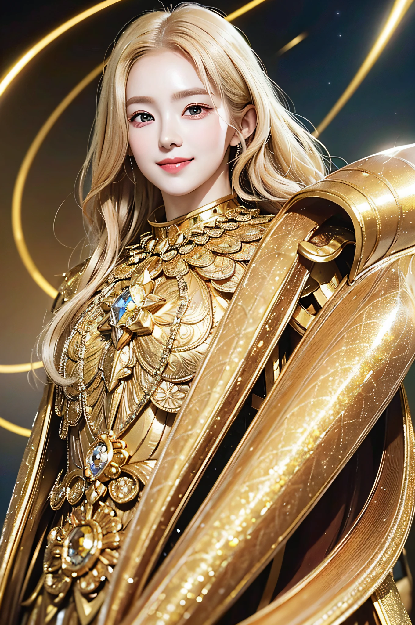 Golden diamond armor, long blonde hair, golden pupils, golden light background, golden transparent wings, diamond texture, smiling, golden eyes, flashing notes around, maiden, golden starlight, dazzling