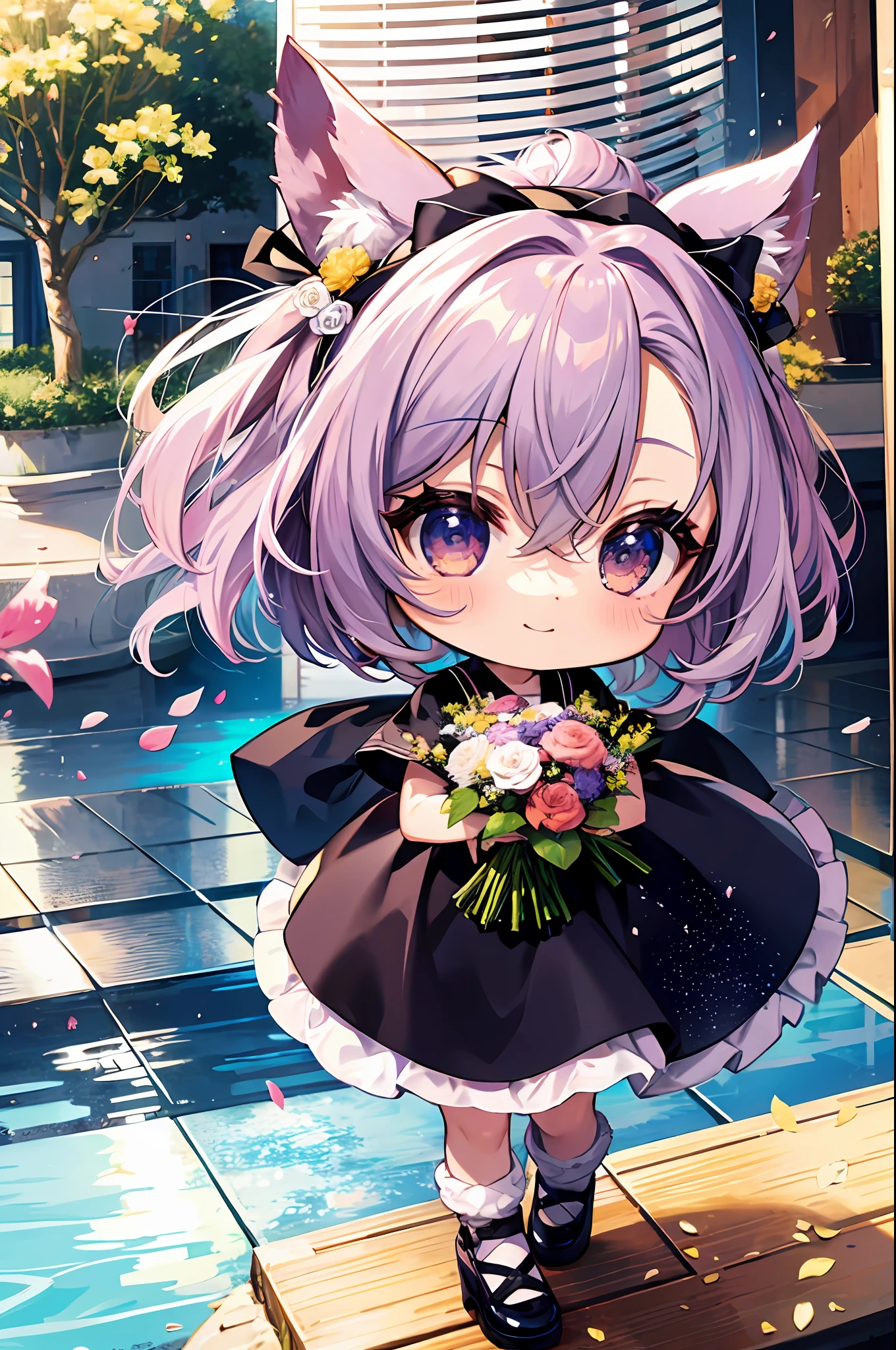(Chibi: 1.5), happy, (holding a bouquet),