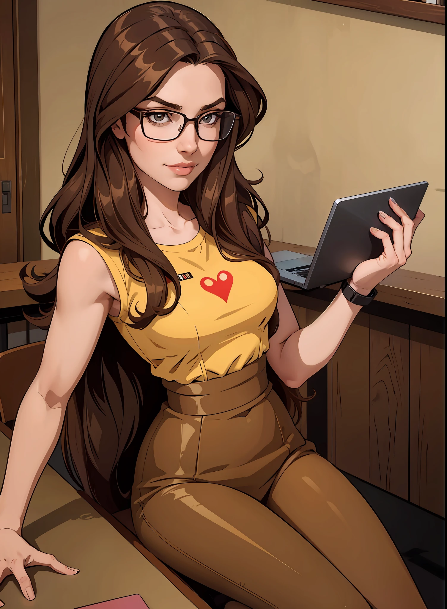 A girl with long brown hair wearing glasses holds a laptop in her hands. He sits at a table in the room. Detailing 8 k. Vector. Sticker.