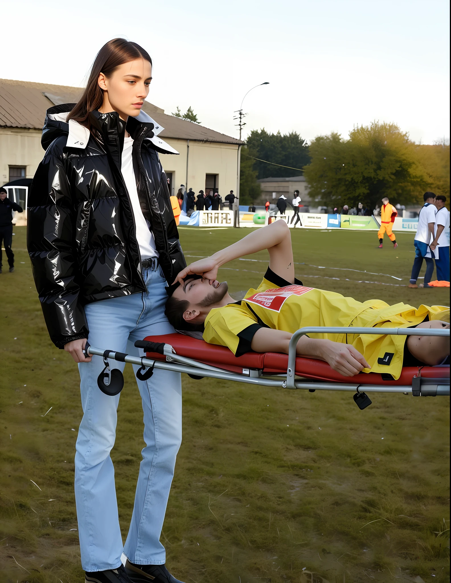 there is a sportsman in white shorts and a white t-shirt lying injured on a stretcher, there is an injured sportsman who is covering his face on a stretcher, an injured sportsman is covering his face with his hands, an injured sportsman is writhing in ecstasy on a stretcher, dramatic pity pose, there is a latino woman in a high-shine puffy coat, a high-shine black down coat, a long black moncler coat, a wetlook down coat, a wet black aquered coat, a latino wife is wearing a wetlook black uniform, injured, medic, laura sava, anna nikonova, very professional, by Dietmar Damerau, alexandra fomina, soccer action pose, affection pose, lecherous action pose, dramatic action pose, theatralic pose, there is an attractive woman that is carrying a skinny man, there is a beautiful woman in a shiny coat who is carrying a blond man in her arms, a longhaired beautiful woman in a high-shine black puffy coat, a longhaired woman in a shiny downcoat, a woman is carrying a shorthaired man who is wearing shorts and a t-shirt, a weak man in spots shorts is consciousless and needs to be carried, a shorthaired man with closed eyes is carried in the arms of a longhaired woman, a woman looks very scared and terrified, a consciousless man with closed eyes is suffering very much and has a very painful face, photo, photo shoot, photographed , accident, help, aid, first aid, pity, woman standing next to a man on a stretcher in a field, vetements, future inflatable jacket, aesthetic shot, injured, mina petrovic, sergey krasovskiy, julia sarda, off - white collection, memes, egor letov, viktoria gavrilenko, ilya kushinov, raphael personnaz, realistic shot, real shot