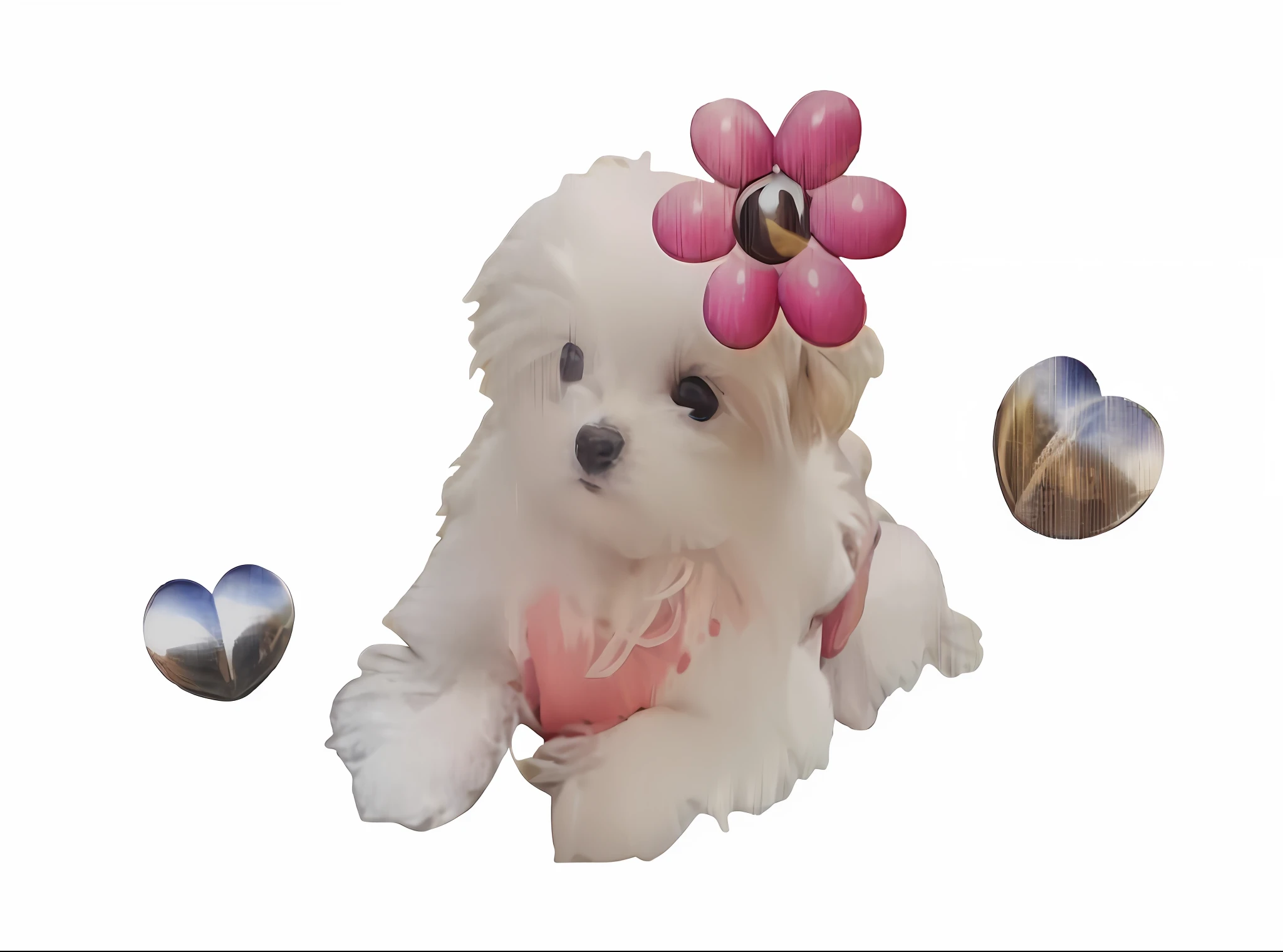 There is a white dog with pink flowers on its head, puppy, cute dog, little white dog by her side, kawaii cute dog, photo of a beautiful, pretty girl, puppy, super cute, cute cute, Bella, very cute feature, furry '', poof, beautiful", cute girl, oh, cute cute, cute, Miko, fluffy, super realistic hair, fur invention dark and layered, clear details, super realistic, plush