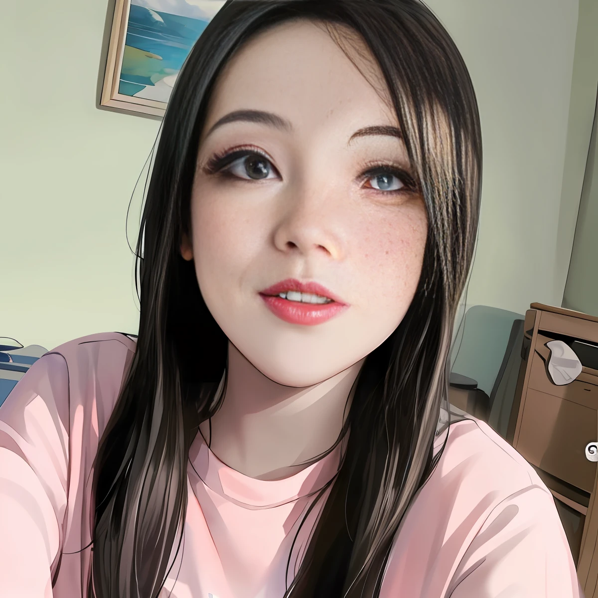 (Masterpiece, Monochrome, Colorful: 1.0), (Maximum Quality: 1.2), (Ultra High Quality: 1.1), Masterpiece, Best Quality, (Very Detailed CG Unity 8k Wallpaper), (High Detailed), (Best Illustration), ( Best Shadow), Realistic Lighting, costume girl,portrait of a girl, Red Lips, Beautiful, Big Eyes, smiling for the camera with a smile on her face and black hair ,silky smooth skin ,Pop mart ,anime,