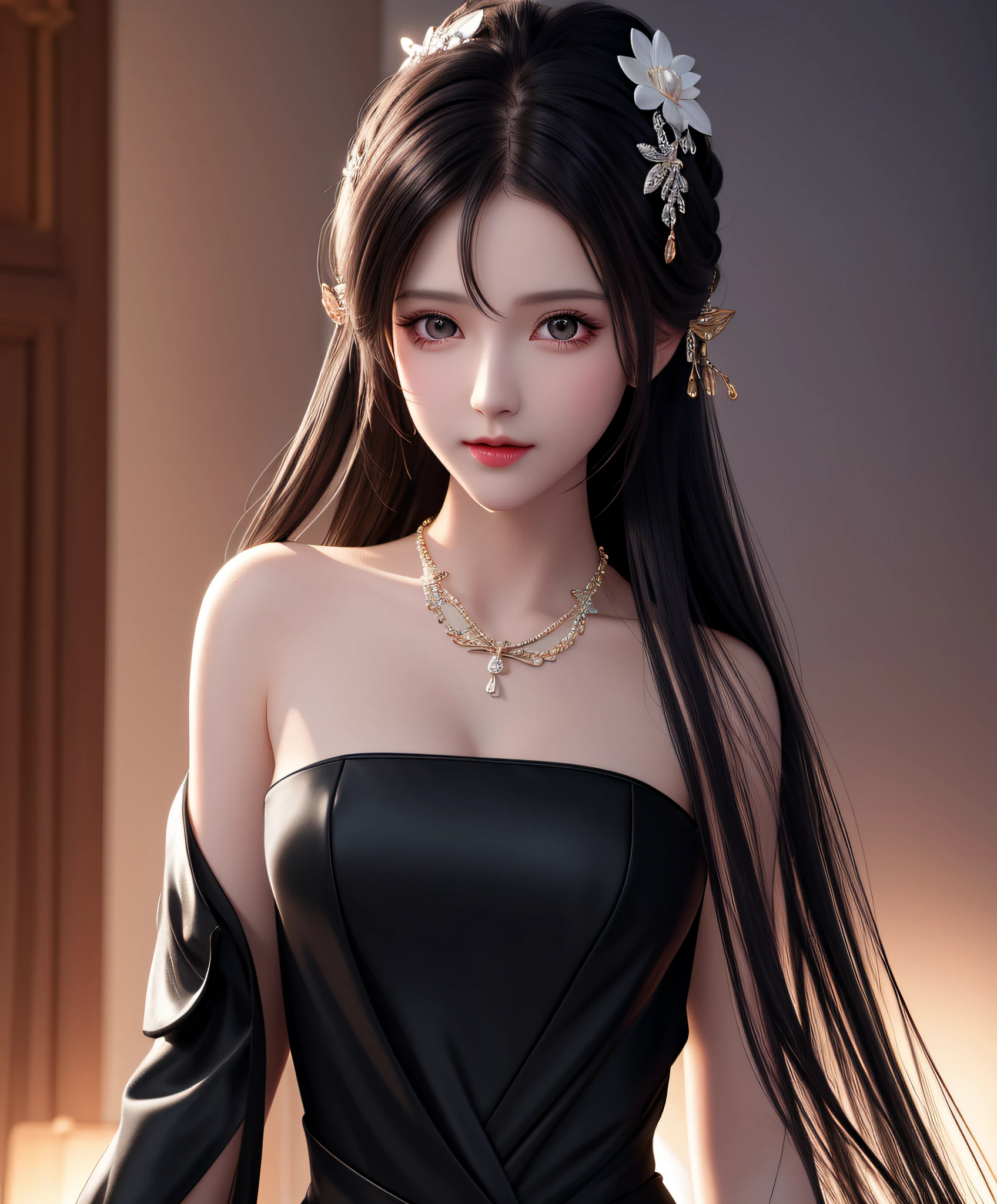 Exposed breasts, black dress, black hair, best quality, masterpiece, high resolution, 1girl, porcelain dress, hair accessories, necklace, jewelry, pretty face, body, tyndall effect, realistic, shadow studio, edge lighting, two-tone lighting, (high detail skin: 1.2), 8k UHD, dslr, soft light, high quality, volumetric light, voyeur, photo, high resolution, 4k, 8k, background blur,