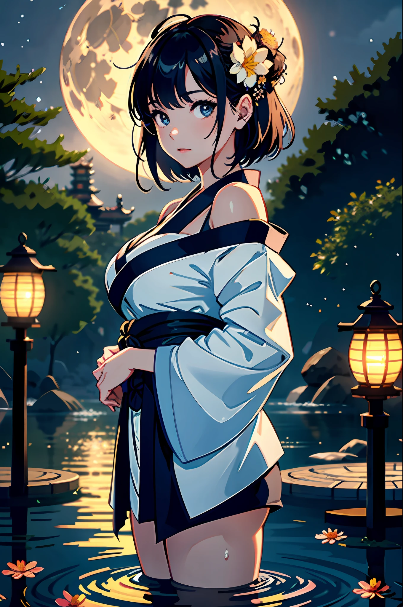 1girl, breasts, moon, lantern, night, solo, large breasts, hair ornament, wet, kimono, japanese clothes, wading, water, hair flower, flower, outdoors, sky, full moon, rain, black hair, off shoulder, mountain, cloud, holding, sash, bare shoulders, paper lantern, standing, white kimono, night sky, sideboob, obi, wet clothes, bangs, tree, from side, reflection, short hair, cloudy sky, wet hair (((masterpiece),(extremely detailed CG unity 8k wallpaper),best quality,,solo,1girl,cinematic lighting,detailed background,beautiful detailed eyes,bright pupils, (an extremely delicate and beautiful),(Beautiful and detailed eye description)， ultra-detailed,masterpiece,)),