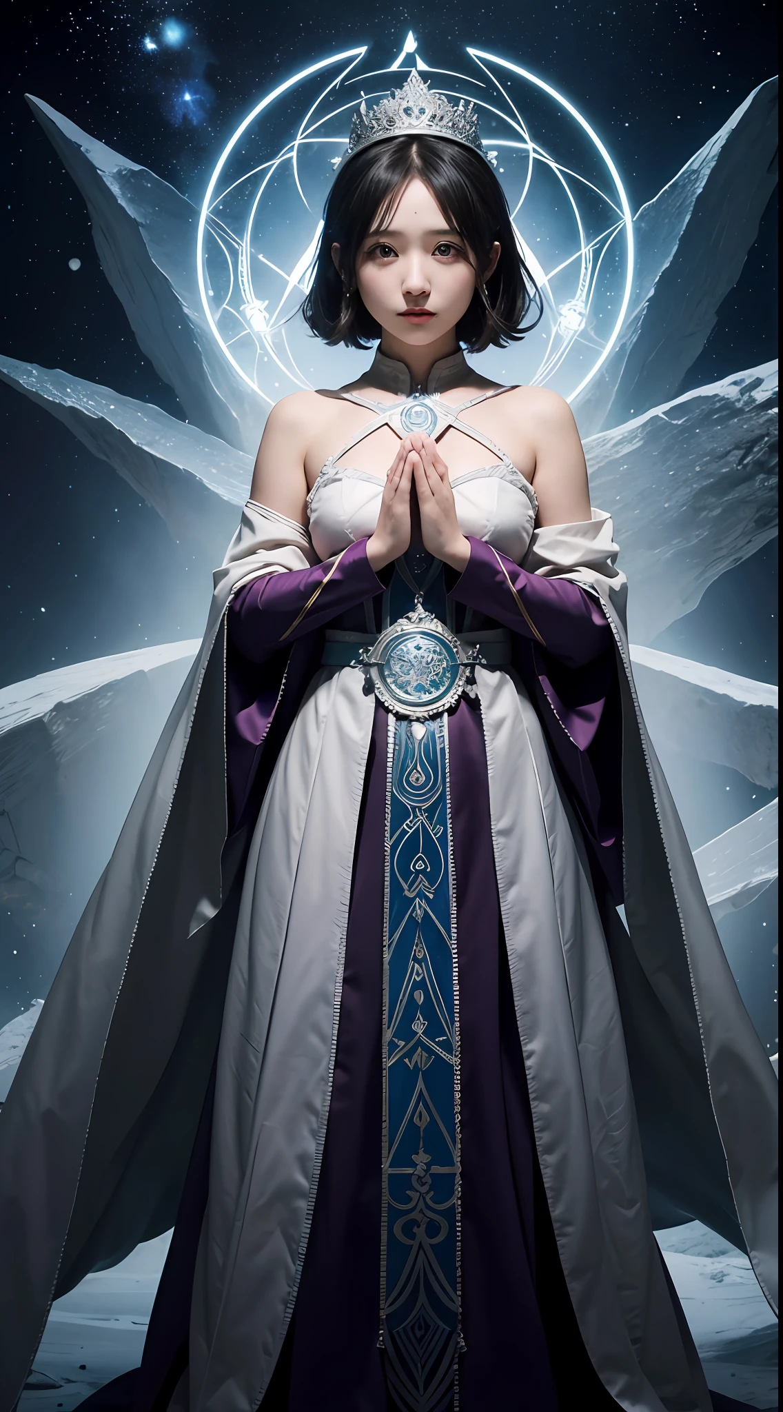 One, Puella Magi Madoka shoots an incredible big cold magic, mysterious, magical, wizard costume with intricate contrasting geometric patterns, hands praying together, symmetrical composition, complex repeating patterns drawn in the sky, standing, whole body, magic extends to the periphery, well-formed face, beauty, photorealistic
