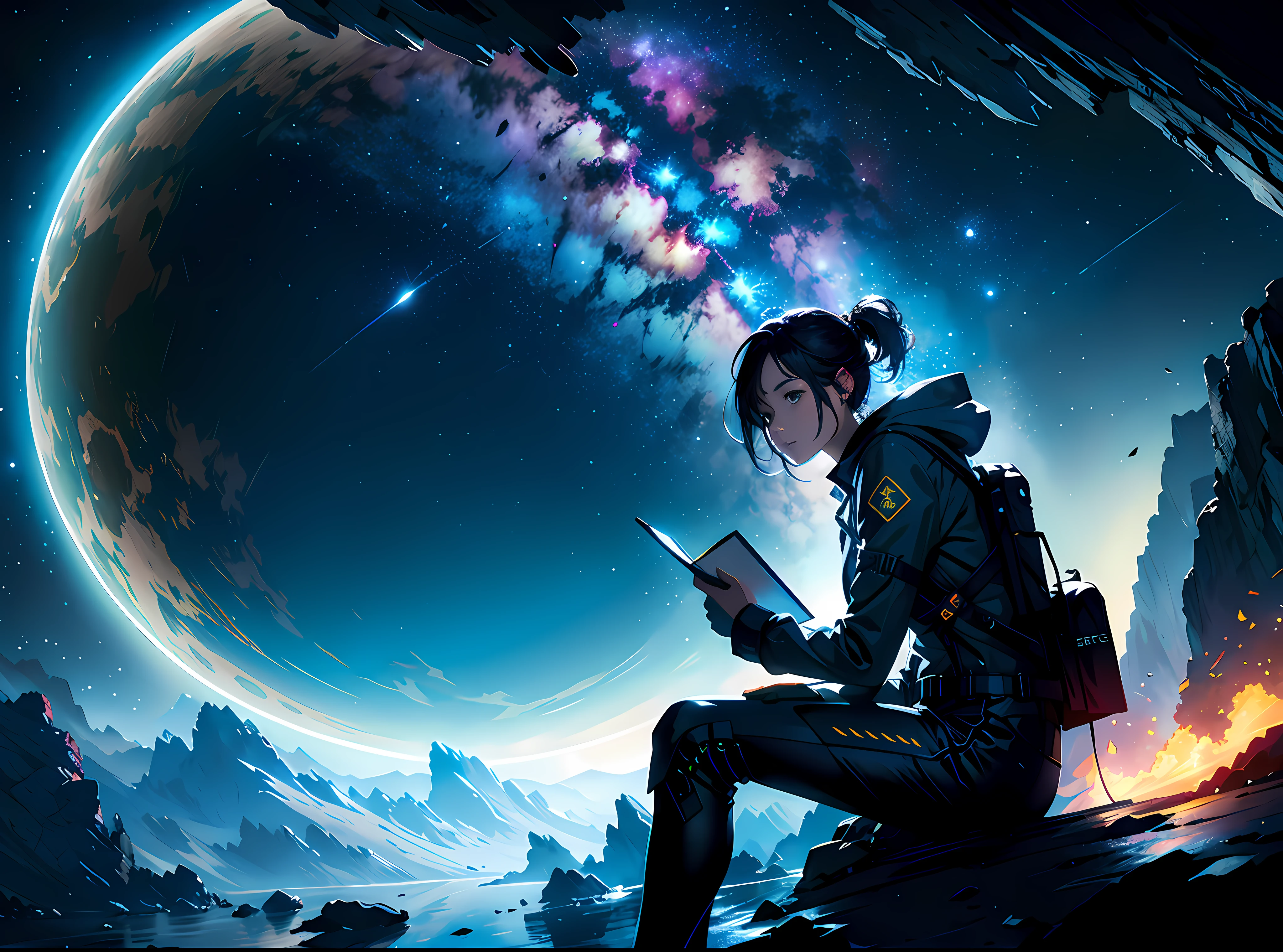 Draw a young female programmer, sitting on a research platform floating in the middle of an asteroid belt.She is studying with a notebook, surrounded by several asteroids glowing with fiery auras BREAK Dramatic lighting from distant stars and planets illuminates the scene, casting deep shadows on the suit. The young woman looks confident and determined, looking at the vast and mysterious universe with wonder and respect,BREAK,Detailed,Realistic,4k highly detailed digital art,octane render, bioluminescent, BREAK 8K resolution concept art, realism,by Mappa studios,masterpiece,best quality,official art,illustration,ligne claire,(cool_color),perfect composition,absurdres, fantasy,focused,rule of thirds