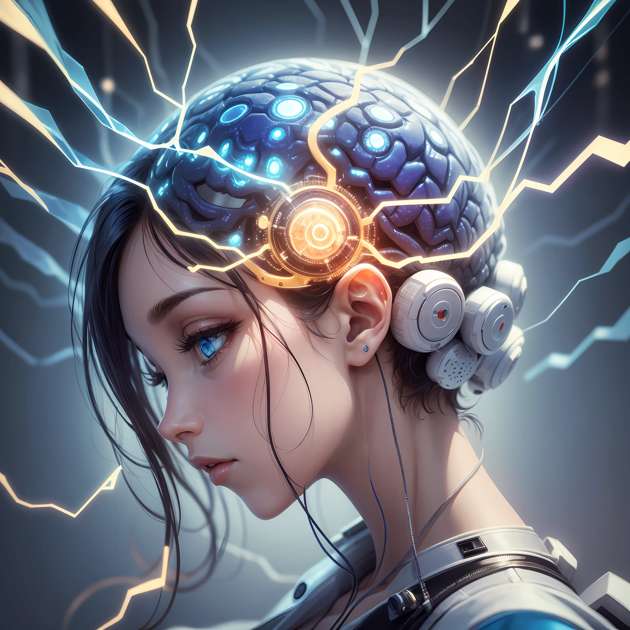 (Best Quality, 8k, 32k, Masterpiece, UHD: 1.2), close-up of a person touching brain fragments, brain connected to a computer, electronic brain, CPU with human brain, neurochip, brain interface, neuromorphic chip, brain computer interface, head visible circuit, neuroscience, brain, network enhancement implant, blue brain, neural web, taking mind-altering drugs, nerves --auto --s2