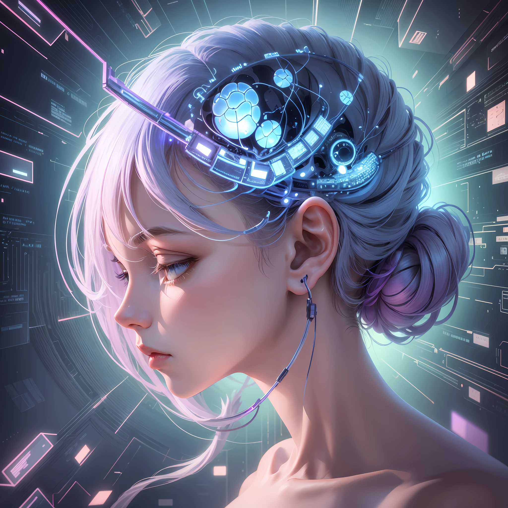 (Best Quality, 8k, 32k, Masterpiece, UHD: 1.2), close-up of a person touching brain fragments, brain connected to a computer, electronic brain, CPU with human brain, neurochip, brain interface, neuromorphic chip, brain computer interface, head visible circuit, neuroscience, brain, network enhancement implant, blue brain, neural web, taking mind-altering drugs, nerves --auto --s2