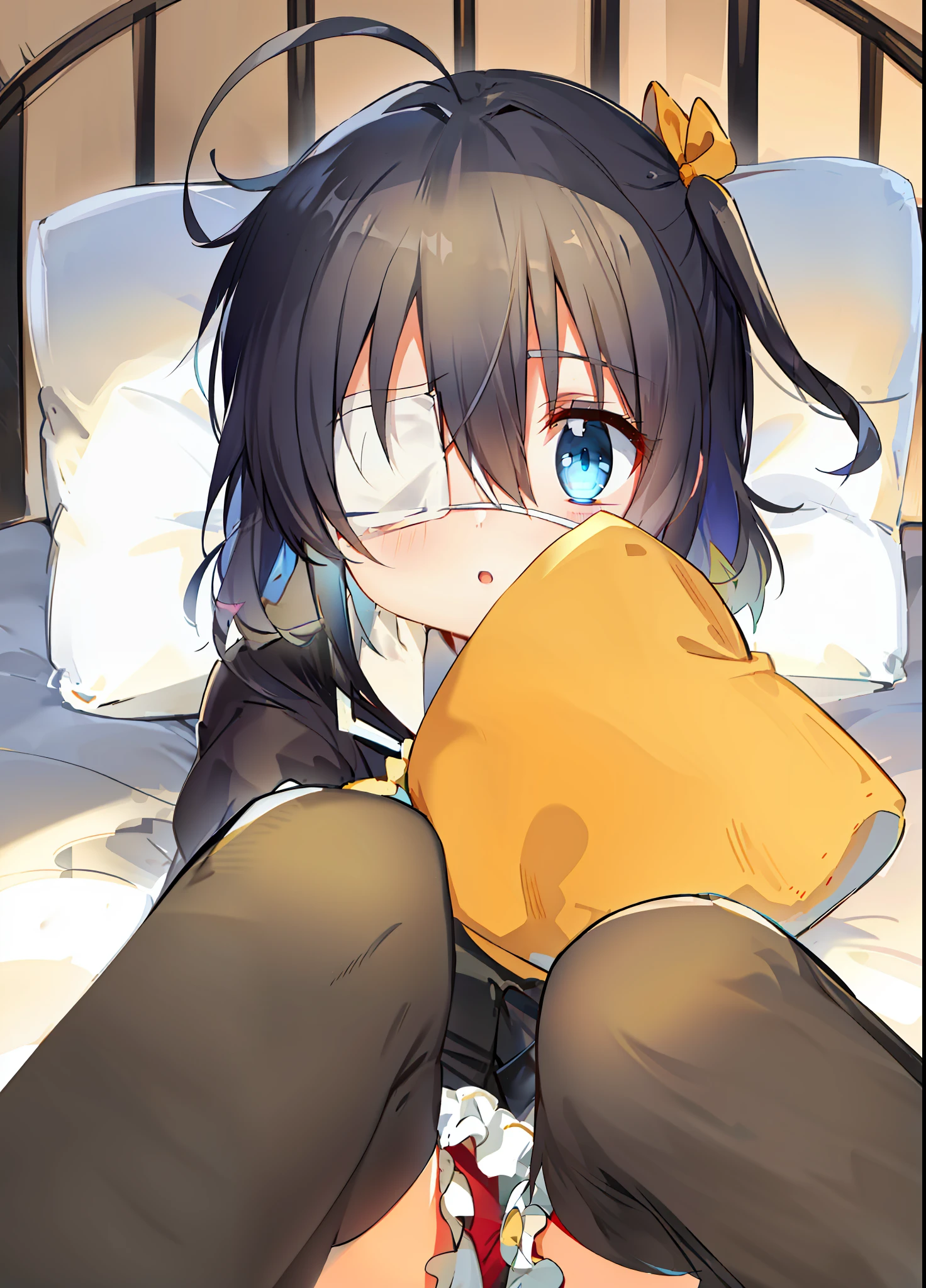 high res, masterpiece,Rikka Takanashi, black hair, solo, 1girl,outside,deatailed background, detailed eyes, ((blue eyes)), eyepatch