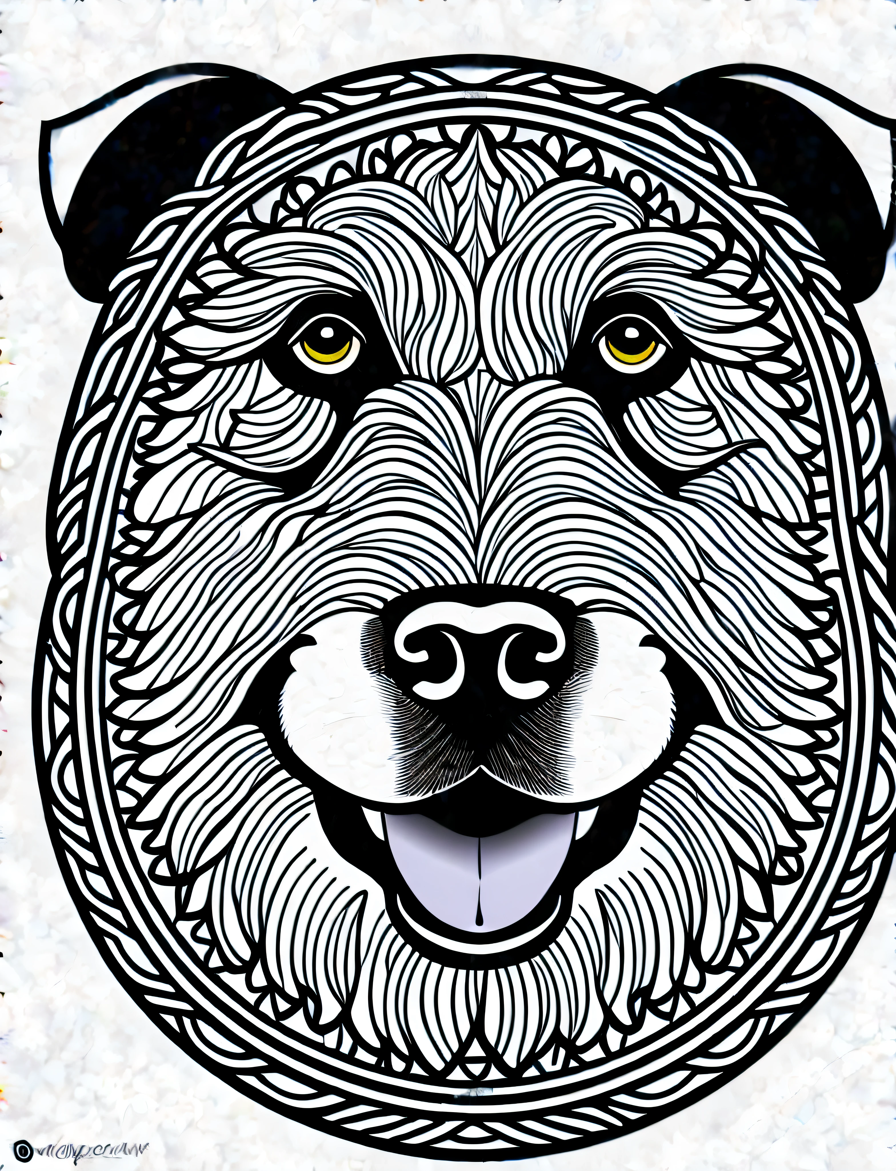 a dog style Spanish Water Dog, fantasy, magical, mandala, happy, black and white, equal wavy lines, realistic line art drawing, coloring book page, no noise, sharp thick lines, contour art, centered image, isolated on a white background