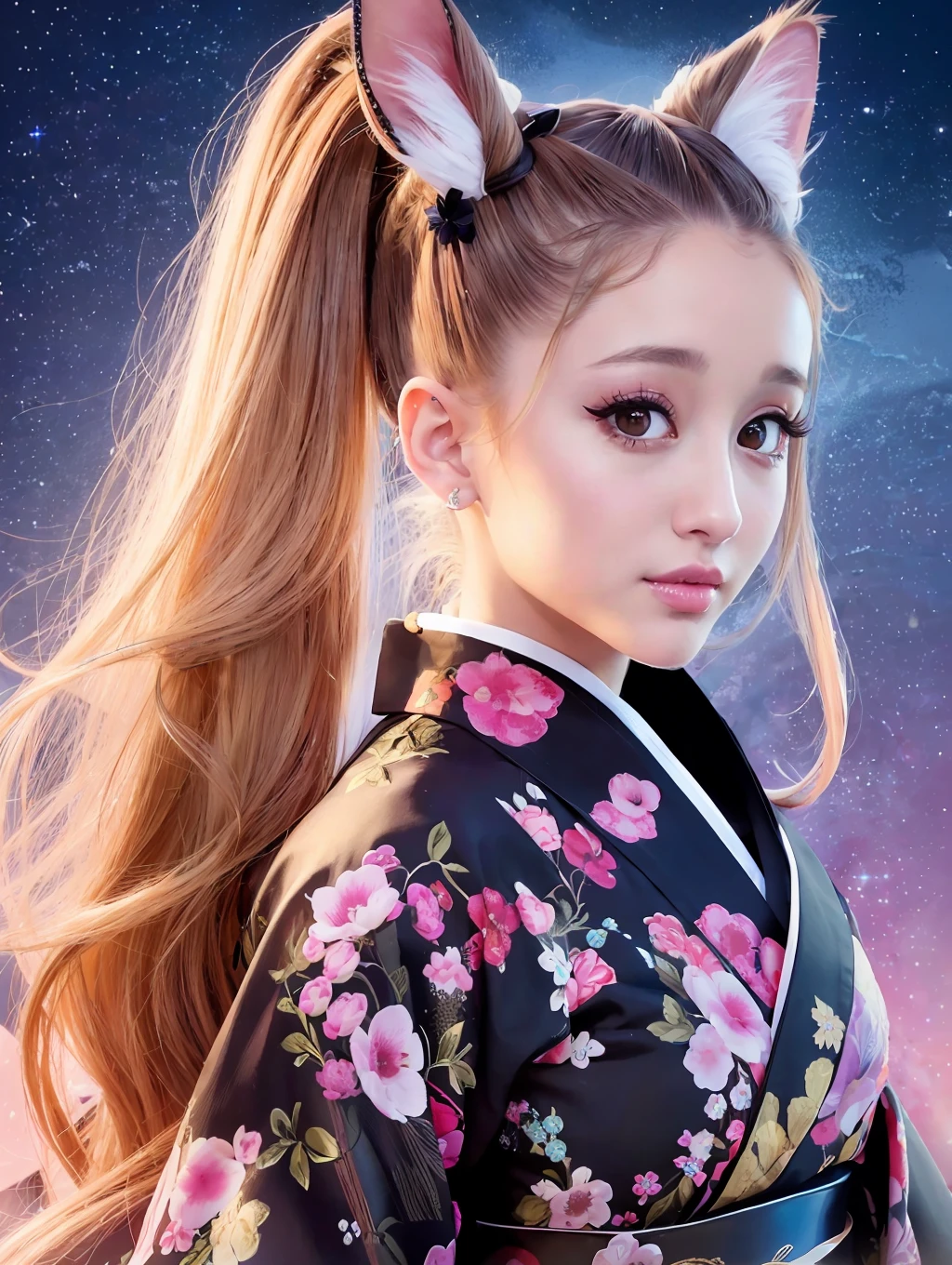 High resolution, high image quality, (Ariana Grande: 1.8), American singer, actress, singer-songwriter, dark blonde hair, high ponytail, cat ears, ((show me your forehead)), kimono, detailed kimono, beautiful detailed eyes, thin ornamented kimono, full body, Taisho era scenery, deep landscape, amazing illumination, light effects, night sky!