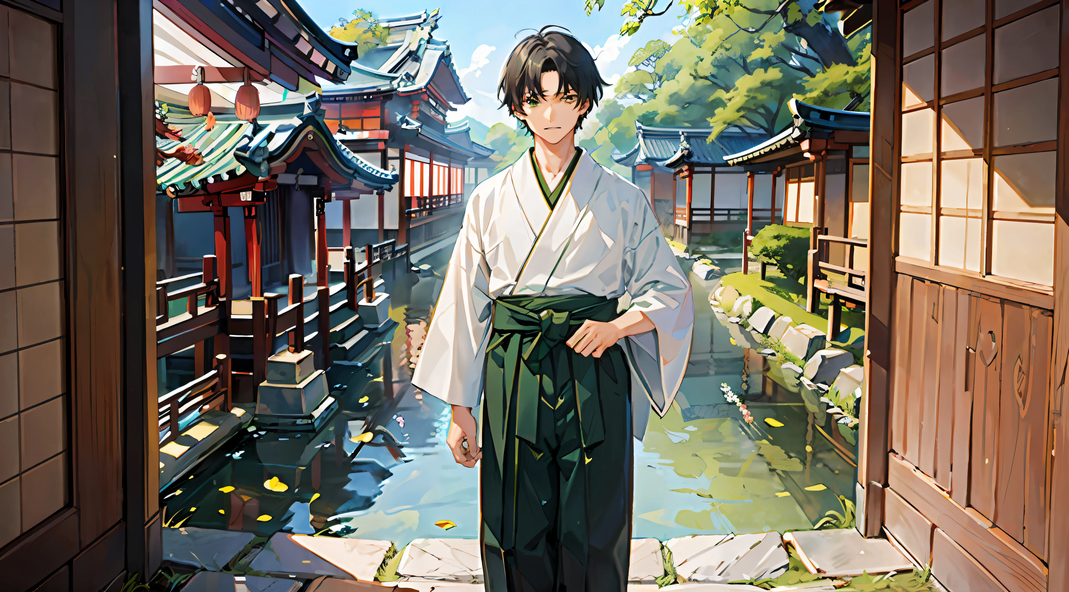 ((Masterpiece: 1.4, highest quality)), 1 boy, green and short hair and eyes, (hakama: 1.3), full body, background is a temple of kyoto.