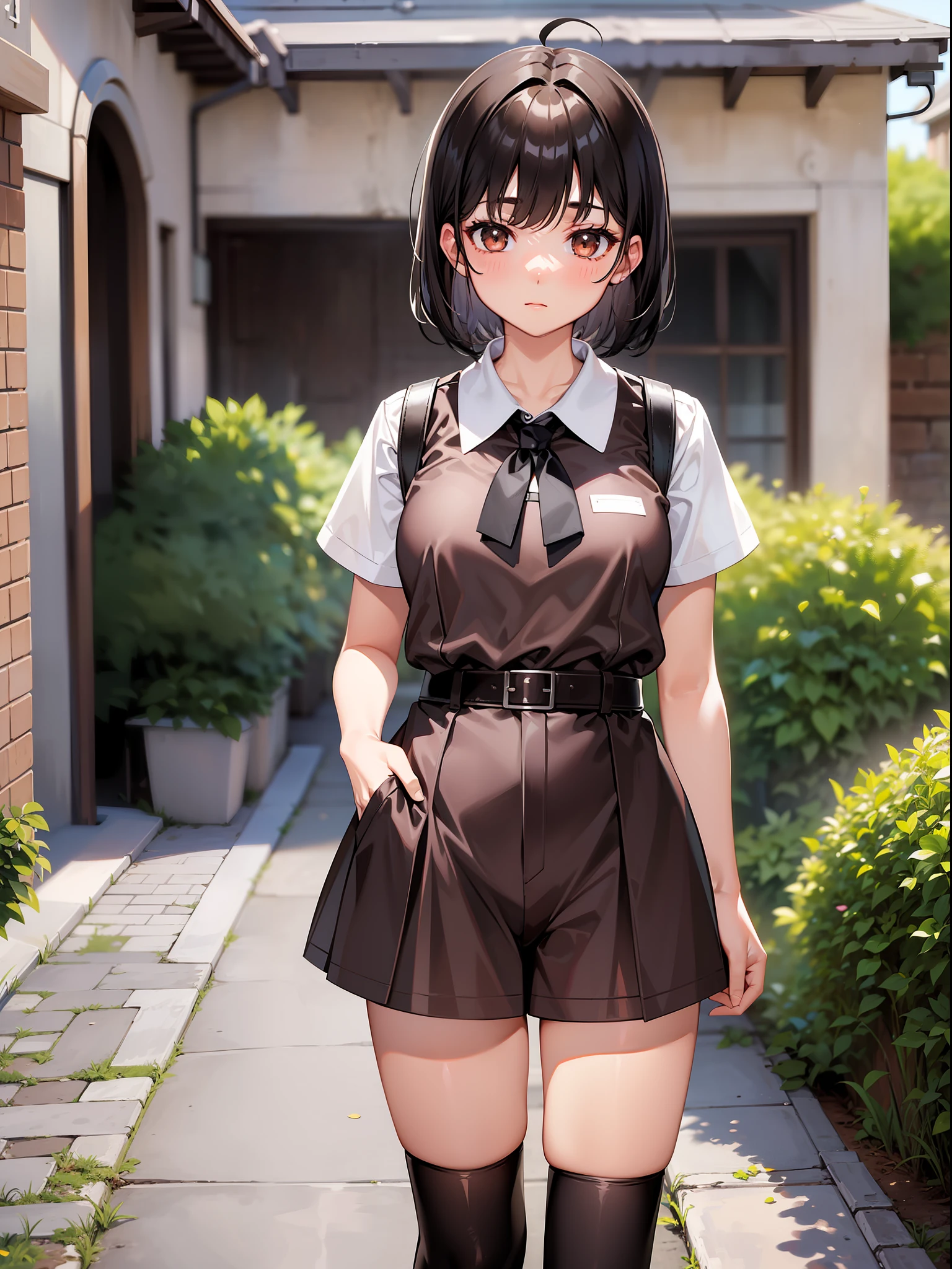 Black hair short, short brown clothes with white collar sleeves, brown shorts, white waist belt, knee-high socks, girl, outdoor