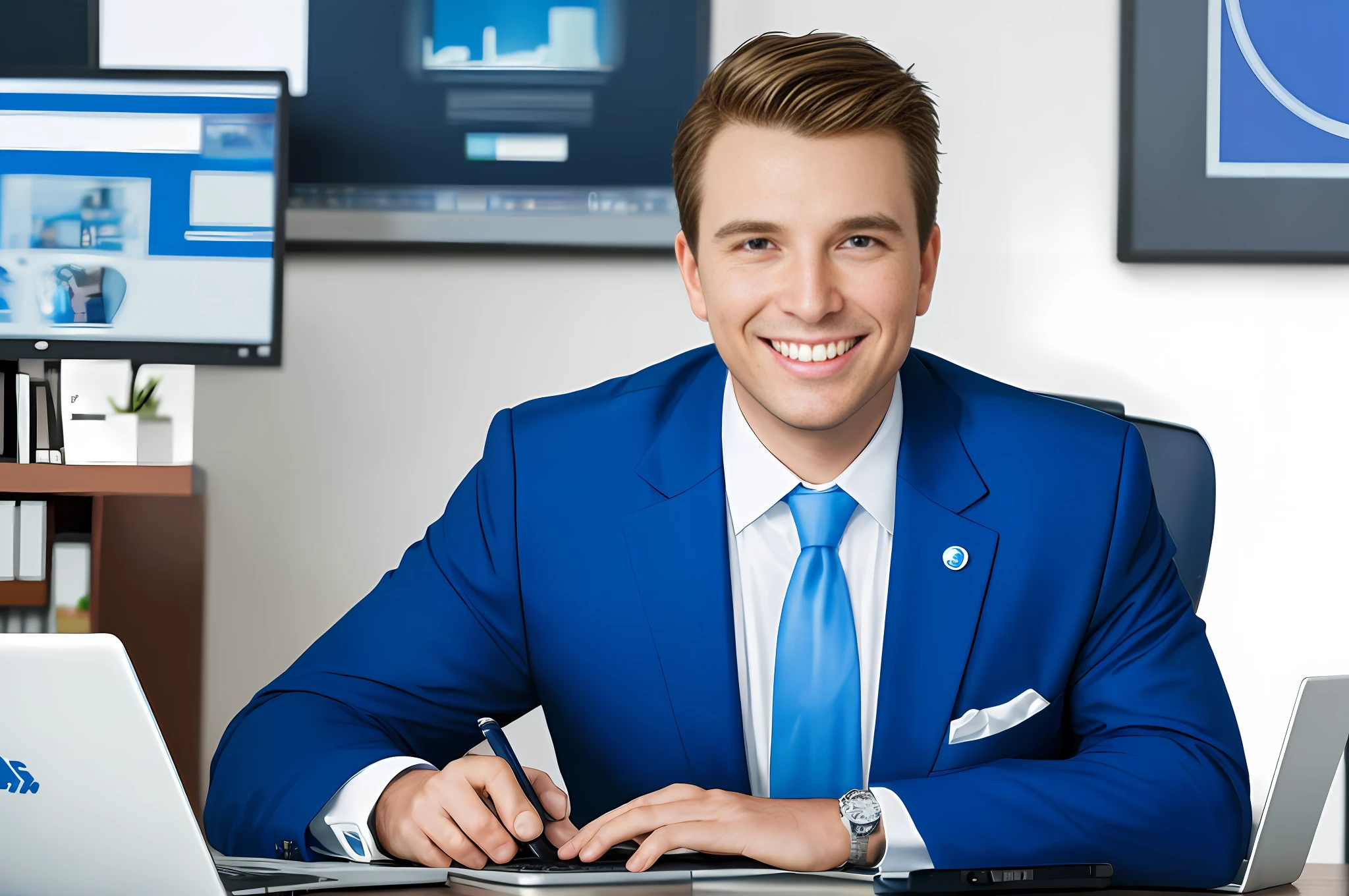 (Professional businessman), (executive, ceo, and manager), wearing a (blue suit), smiles happily while sitting at his (desk) in the (office) working on his (laptop computer), sharing laughter with coworkers. (Portrait) of success.