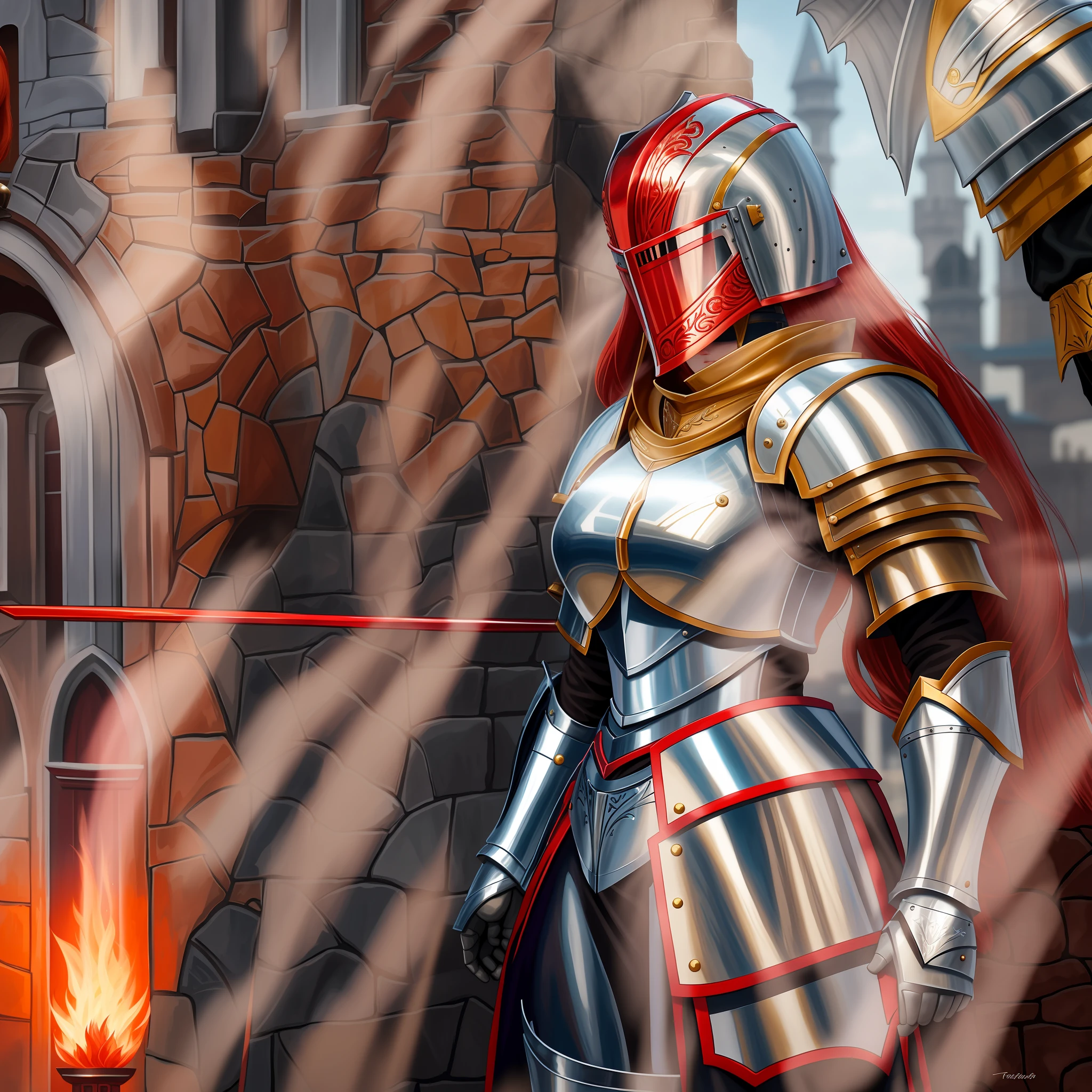 there is a woman in a knight outfit standing in front of a city, female redhead templar, portrait of female paladin, female paladin, fantasy paladin woman, girl in knight armor, picture of female paladin, female knight, gorgeous female paladin, beautiful female knight, of a beautiful female knight, portrait knight female, redhead queen in heavy red armor