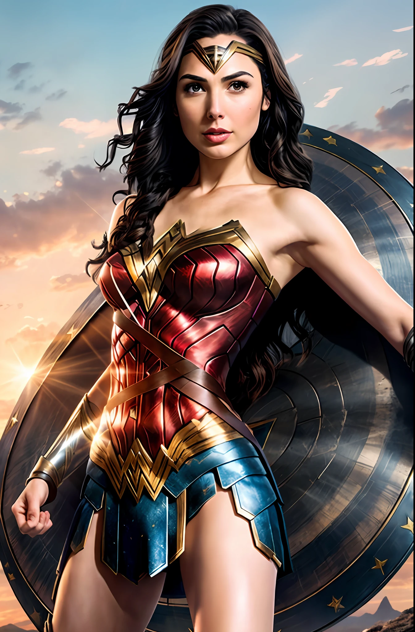Gal Gadot, Wonder Woman, cool, holding up a shield
