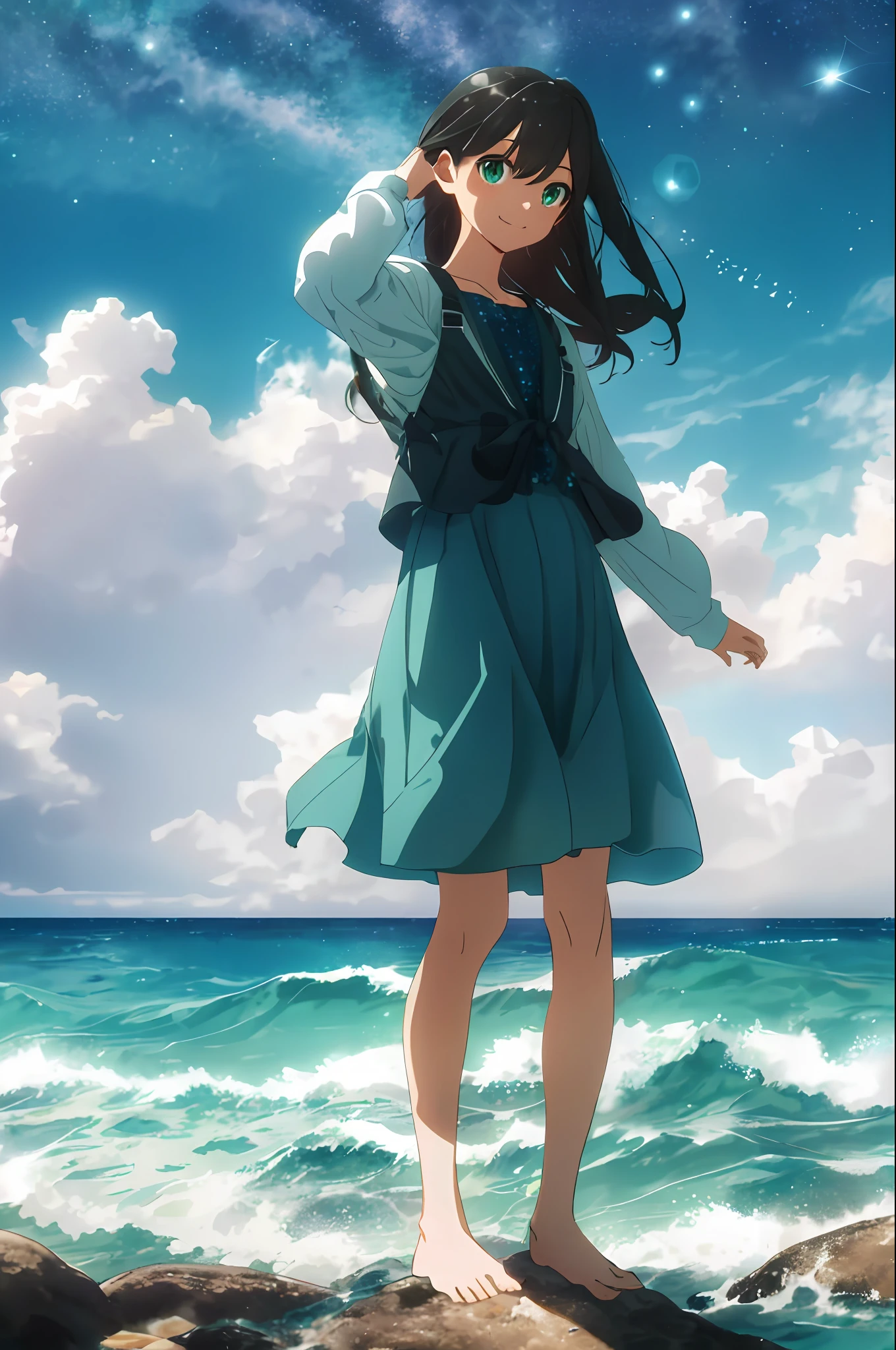 [(Cloud background: 1.5),::5](Isometric: 1.0), 1 girl, medium shot, full body, ocean, waves, water splash, sky, light particles, night, starry sky, sea and sky, dawn, black hair, green eyes, long hair, tender white skin, smile