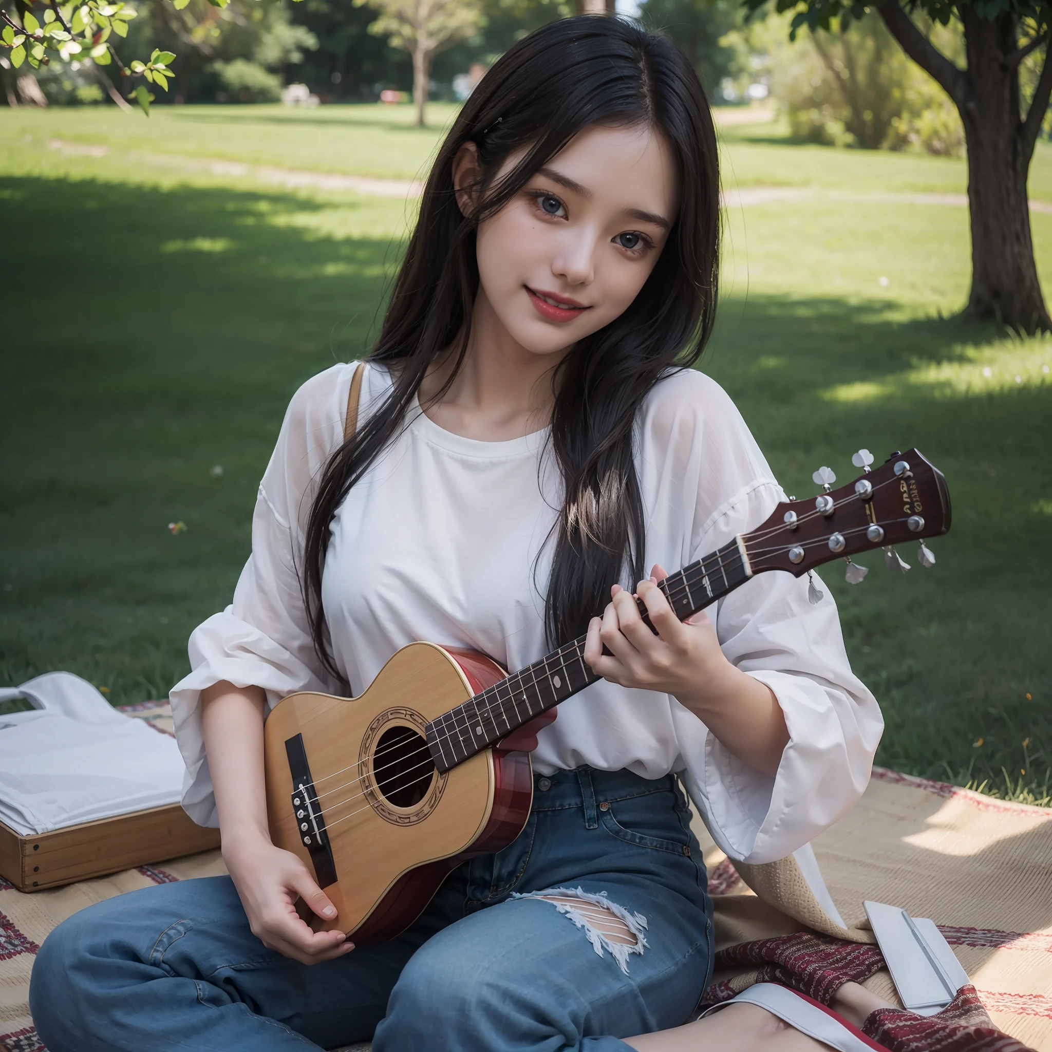 an image of a picturesque park scene where a radiant young woman is seated on a cozy picnic blanket, strumming her ukulele with finesse. Surrounding her, an array of vibrant blossoms bloom, dotting the landscape with bursts of color. Delicate butterflies gracefully flutter overhead, forming a whimsical dance around her. The sun shines brilliantly, casting a warm glow on her face and illuminating the entire park. Capture the serene ambiance and the girl's sheer joy as she immerses herself in music, nature, and the simple pleasures of a sunny day, wearing white T-shirt and long sleeves Jeans shirt, blue jeans pant, dark grayish messy hair((2.0)), cute blue eyes((1.5)), attractive red lips((1.2)), surrealistic digital artwork, hyper detailed hands and fingers, starring at the camera, smiling, hyper focused medium angel shot, extremely detailed ukulele, luminous, volumetric and holographic lighting effects