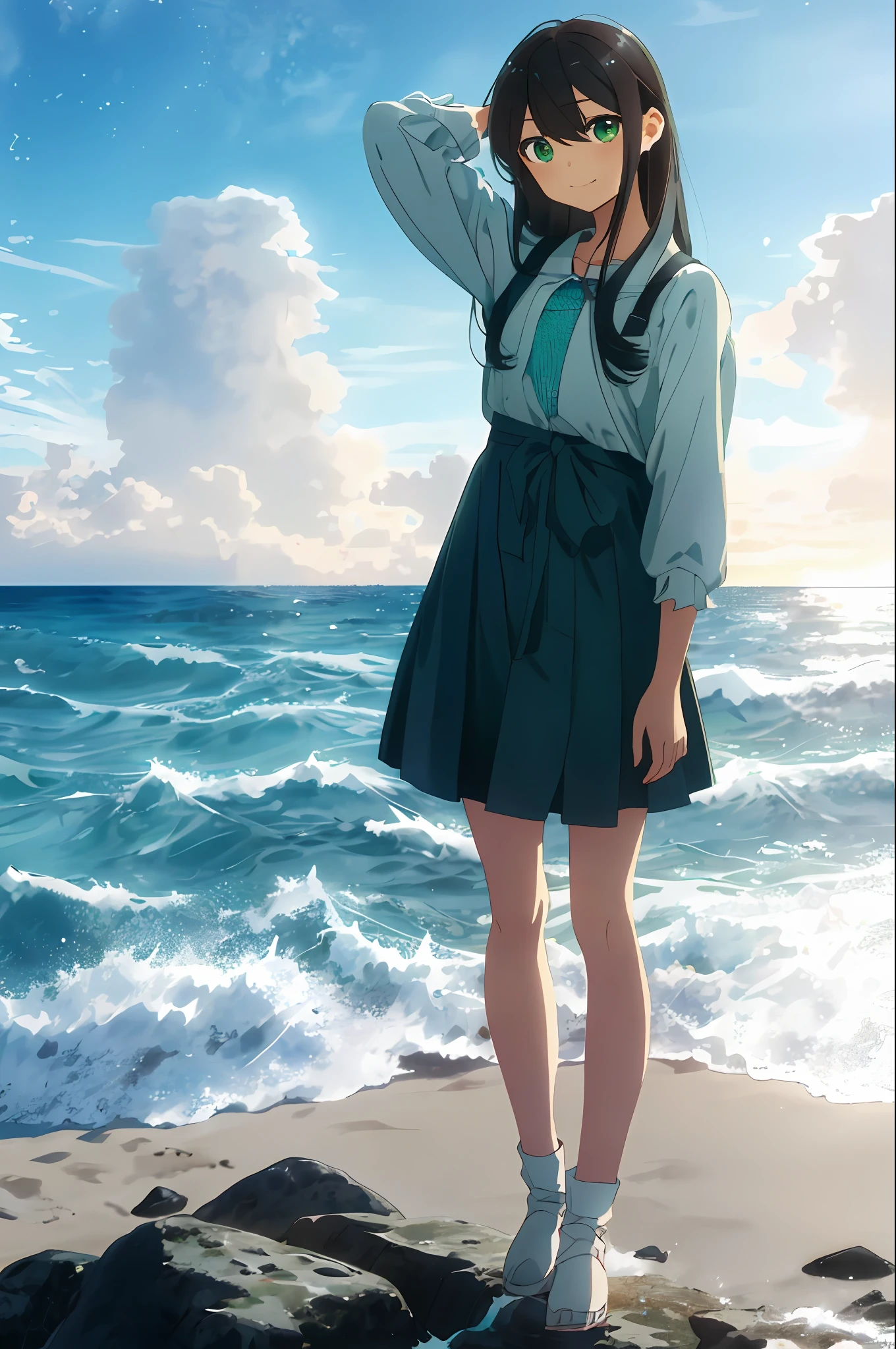 [(Cloud background: 1.5),::5](Isometric: 1.0), 1 girl, medium shot, full body, ocean, waves, water splash, sky, light particles, night, starry sky, sea and sky, dawn, black hair, green eyes, long hair, tender white skin, smile