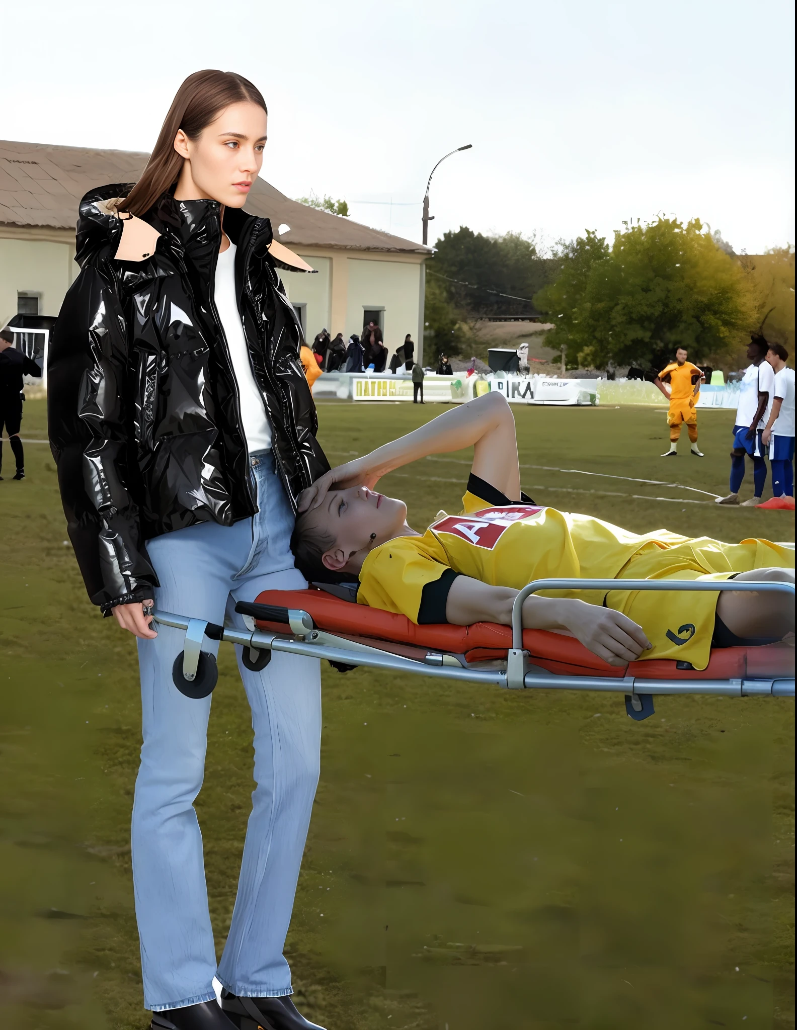 there is a sportsman in white shorts and a white t-shirt lying injured on a stretcher, there is an injured sportsman who is covering his face on a stretcher, an injured sportsman is covering his face with his hands, an injured sportsman is writhing in ecstasy on a stretcher, dramatic pity pose, there is a latino woman in a high-shine puffy coat, a high-shine black down coat, a long black moncler coat, a wetlook down coat, a wet black aquered coat, a latino wife is wearing a wetlook black uniform, injured, medic, laura sava, anna nikonova, very professional, by Dietmar Damerau, alexandra fomina, soccer action pose, affection pose, lecherous action pose, dramatic action pose, theatralic pose, there is an attractive woman that is carrying a skinny man, there is a beautiful woman in a shiny coat who is carrying a blond man in her arms, a longhaired beautiful woman in a high-shine black puffy coat, a longhaired woman in a shiny downcoat, a woman is carrying a shorthaired man who is wearing shorts and a t-shirt, a weak man in spots shorts is consciousless and needs to be carried, a shorthaired man with closed eyes is carried in the arms of a longhaired woman, a woman looks very scared and terrified, a consciousless man with closed eyes is suffering very much and has a very painful face, photo, photo shoot, photographed , accident, help, aid, first aid, pity, woman standing next to a man on a stretcher in a field, vetements, future inflatable jacket, aesthetic shot, injured, mina petrovic, sergey krasovskiy, julia sarda, off - white collection, memes, egor letov, viktoria gavrilenko, ilya kushinov, raphael personnaz, realistic shot, real shot