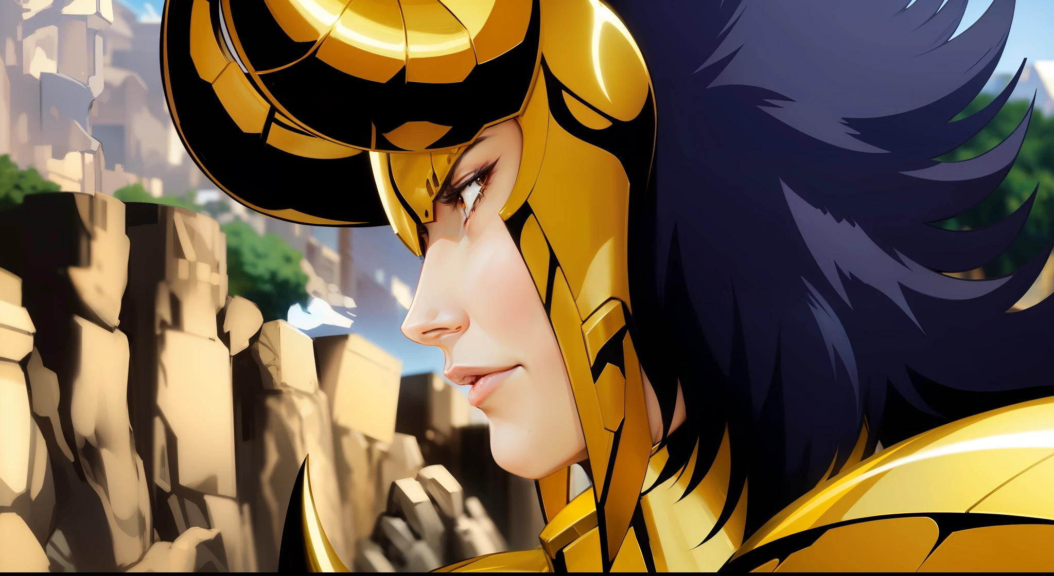 Black Haired Character, Serious Face, Shiny Gold Armor