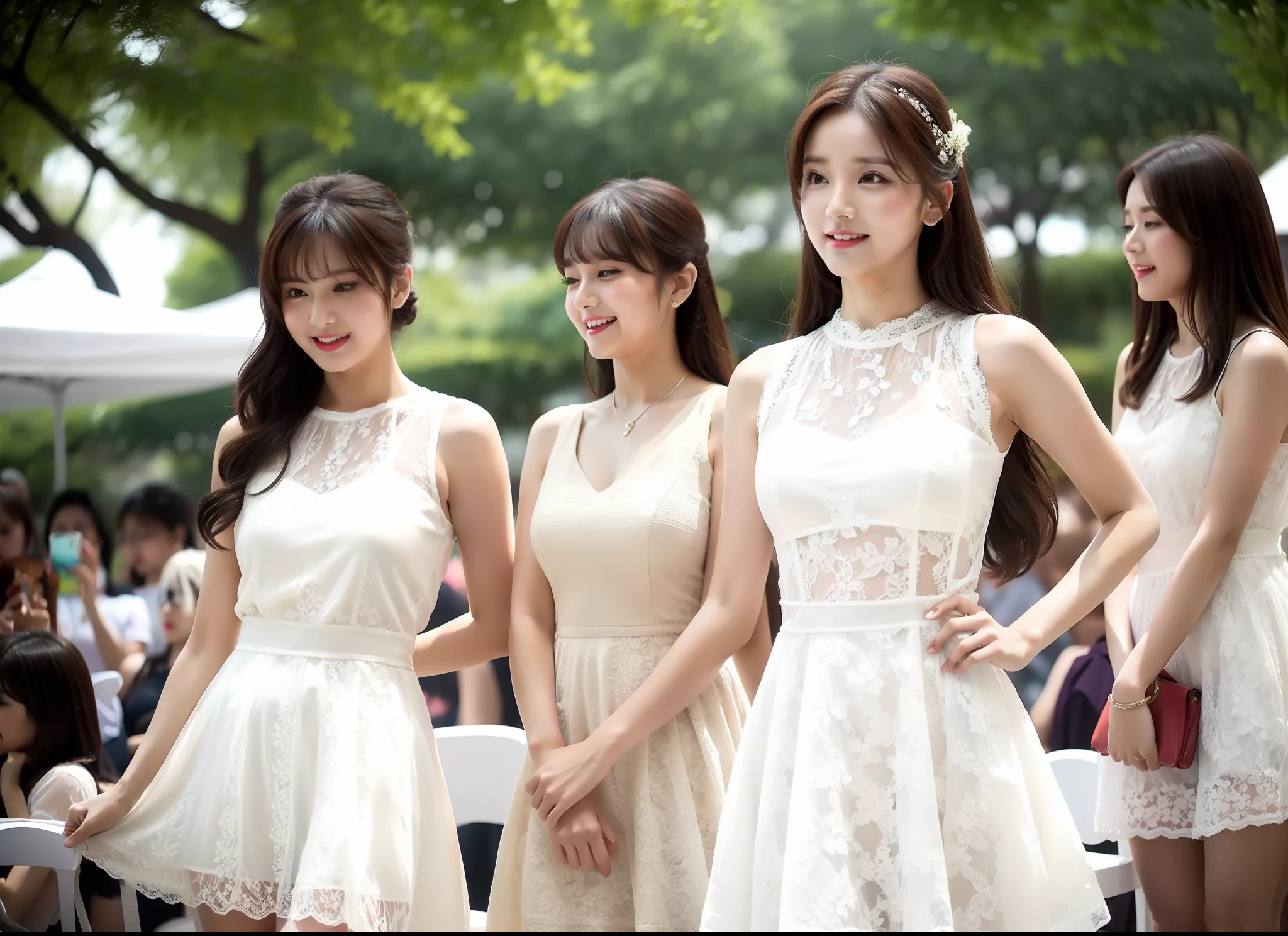 white lace dress, daytime bandstand, 4 beautiful girls, beautiful, cute, neat, neat, supposed, upper body, crowd