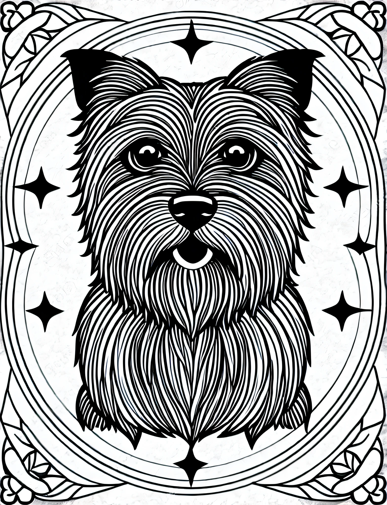 a Norfolk Terrier style dog, fantasy, magical, mandala, happy, black and white, equal wavy lines, realistic line art drawing, coloring book page, no noise, sharp thick lines, contour art, centered image, isolated on a white background