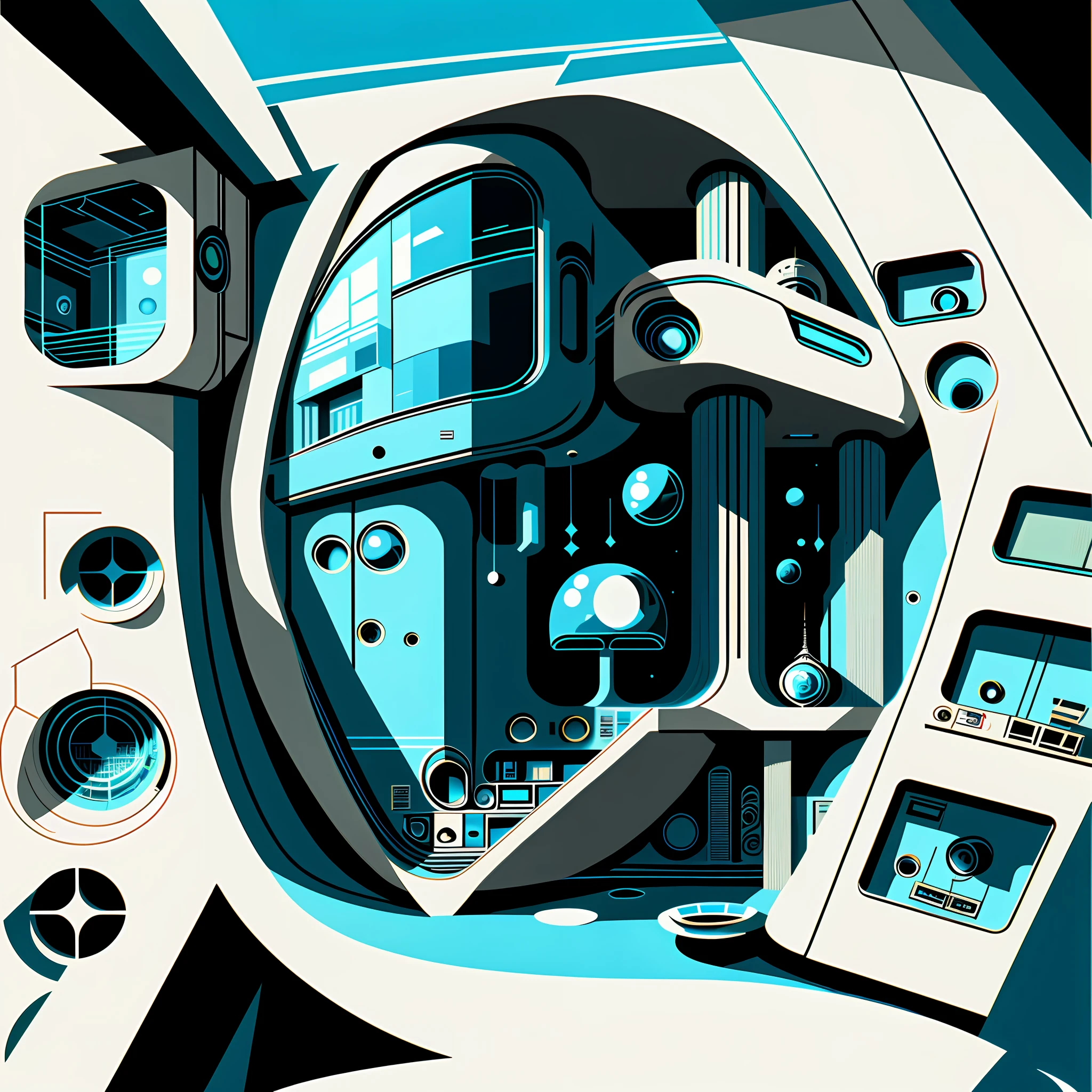 \1970 retro futuristic blue living room \ flat \ vector