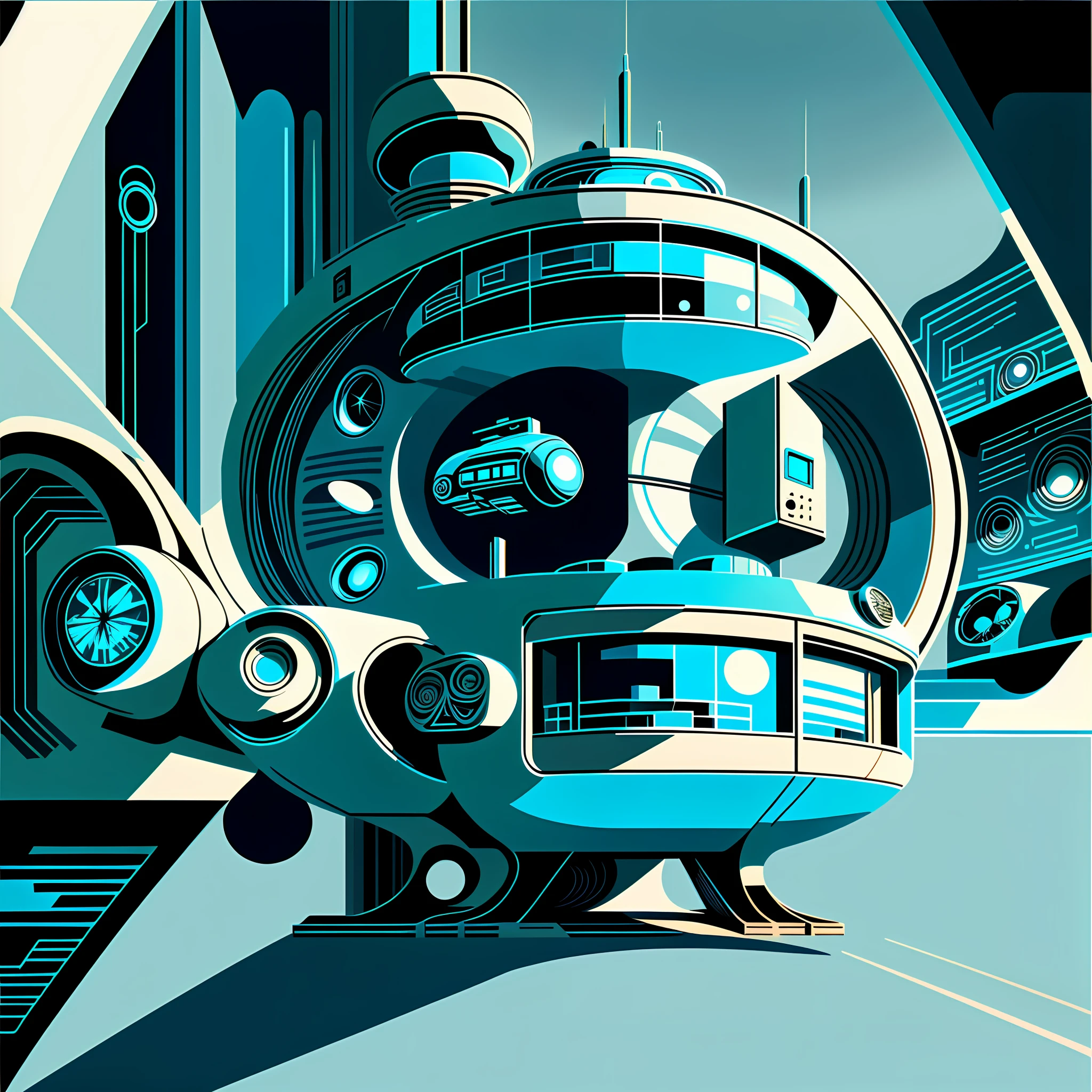 \1970 retro futuristic blue living room \ flat \ vector