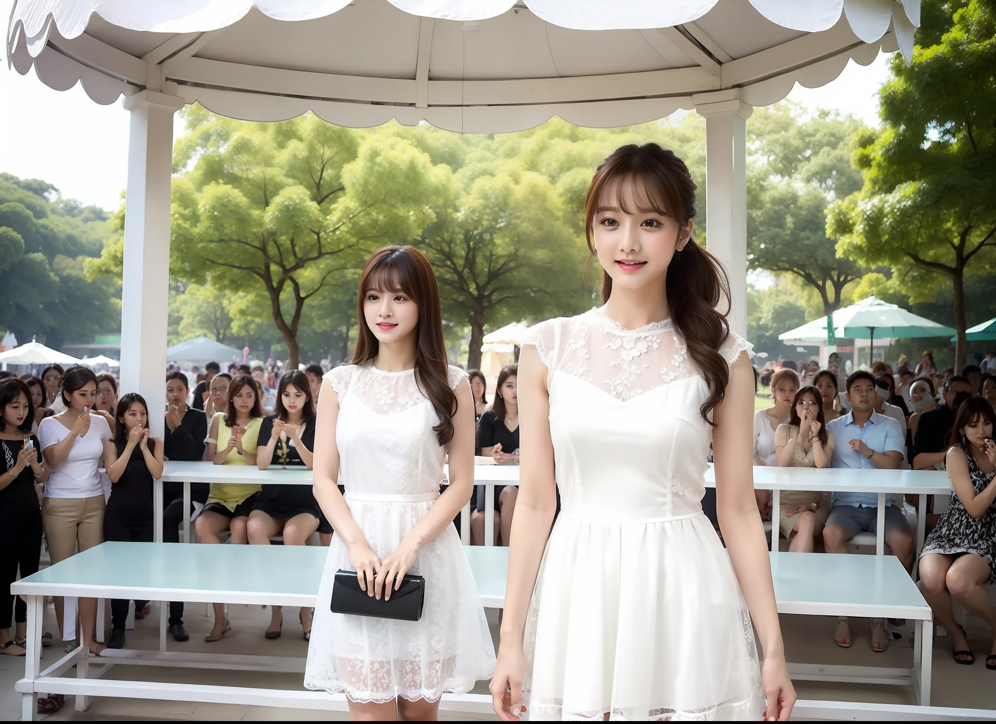 white lace dress, daytime bandstand, 4 beautiful girls, beautiful, cute, neat, neat, supposed, upper body, crowd