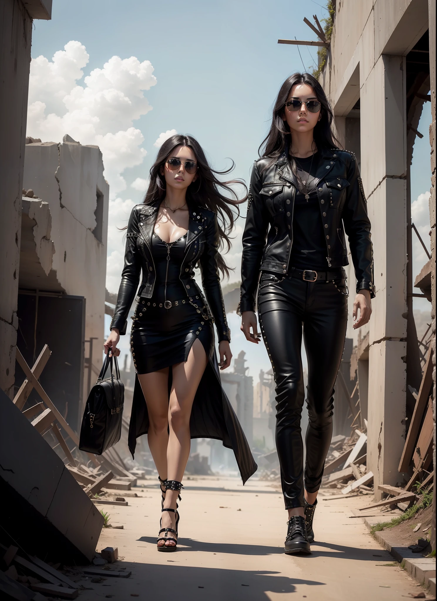Beautiful woman, medium dark long hair, big chest. black sunglasses, black clothes, rivets, bikini, just one person, walking, in the ruins