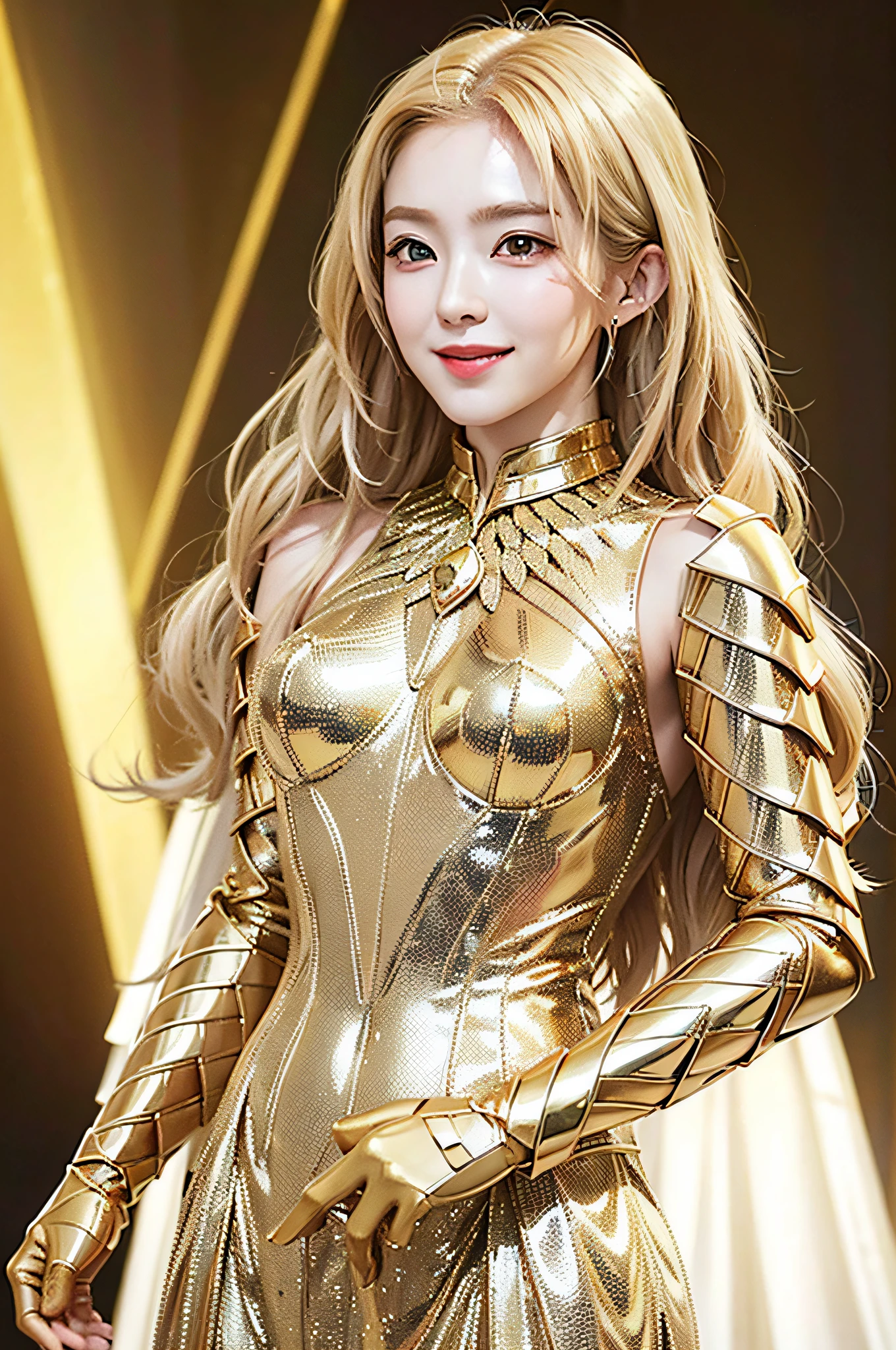 Golden diamond armor, long blonde hair, golden pupils, golden light background, golden transparent wings, diamond texture, smiling, golden eyes, flashing notes around, maiden, golden starlight, dazzling
