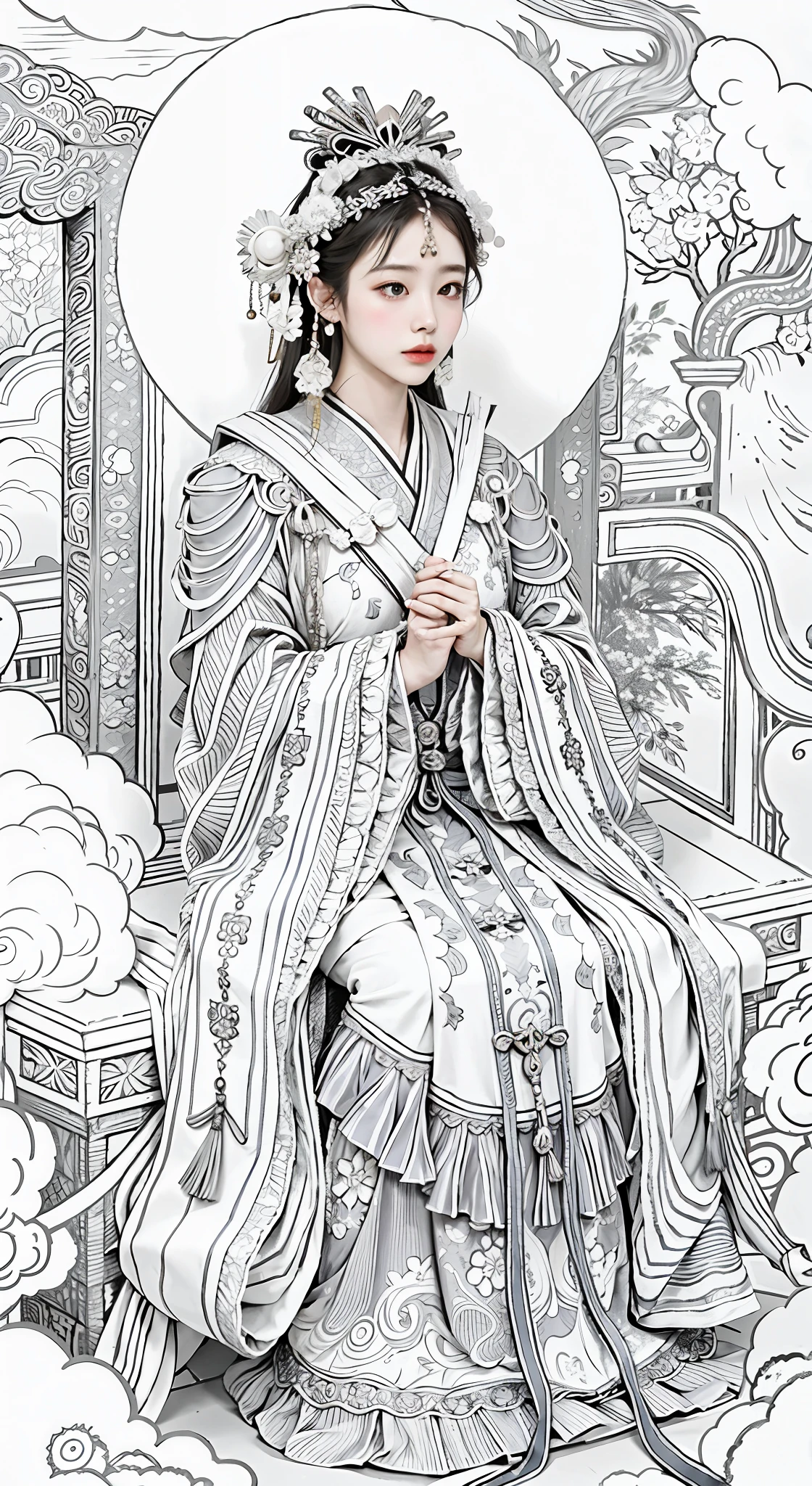 "The woman in Hanfu is playing in the soft clouds, and the realistic rendering makes her feel real, this woman is the empress or Guanyin of ancient China, or the beautiful image of classical beauty like the mural of the Yongle Palace. Delicate headdress, delicate earrings, delicate carved seats, + classical painting style + delicate light and shadow *1.2" --auto --s2
