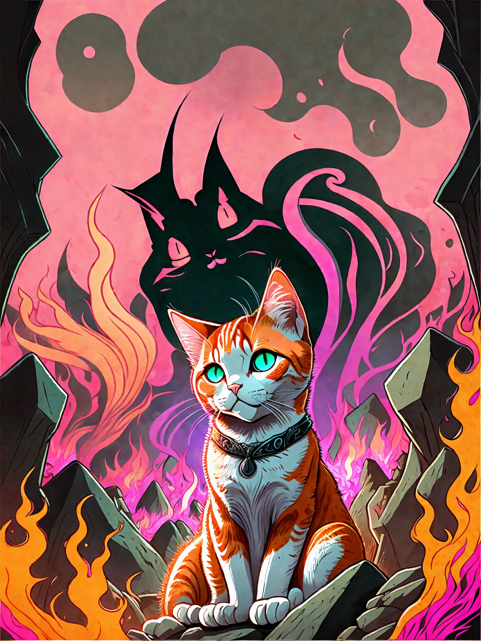 a cute white and orange tabby cat in the fiery depths of hell. The cat is sitting on a rock, looking up at the viewer with its big, innocent green eyes. Behind the cat, flames are raging and smoke is billowing, creating an ominous and foreboding atmosphere. The cat's fur is ruffled by the hot wind, and its little pink tongue is sticking out in a playful, yet slightly nervous expression. In the background, demons and other creatures can be seen lurking in the shadows, adding to the eerie and unsettling feeling of the scene. The image is rendered in a vibrant and detailed cartoon style, with bold colors and sharp lines --auto --s2