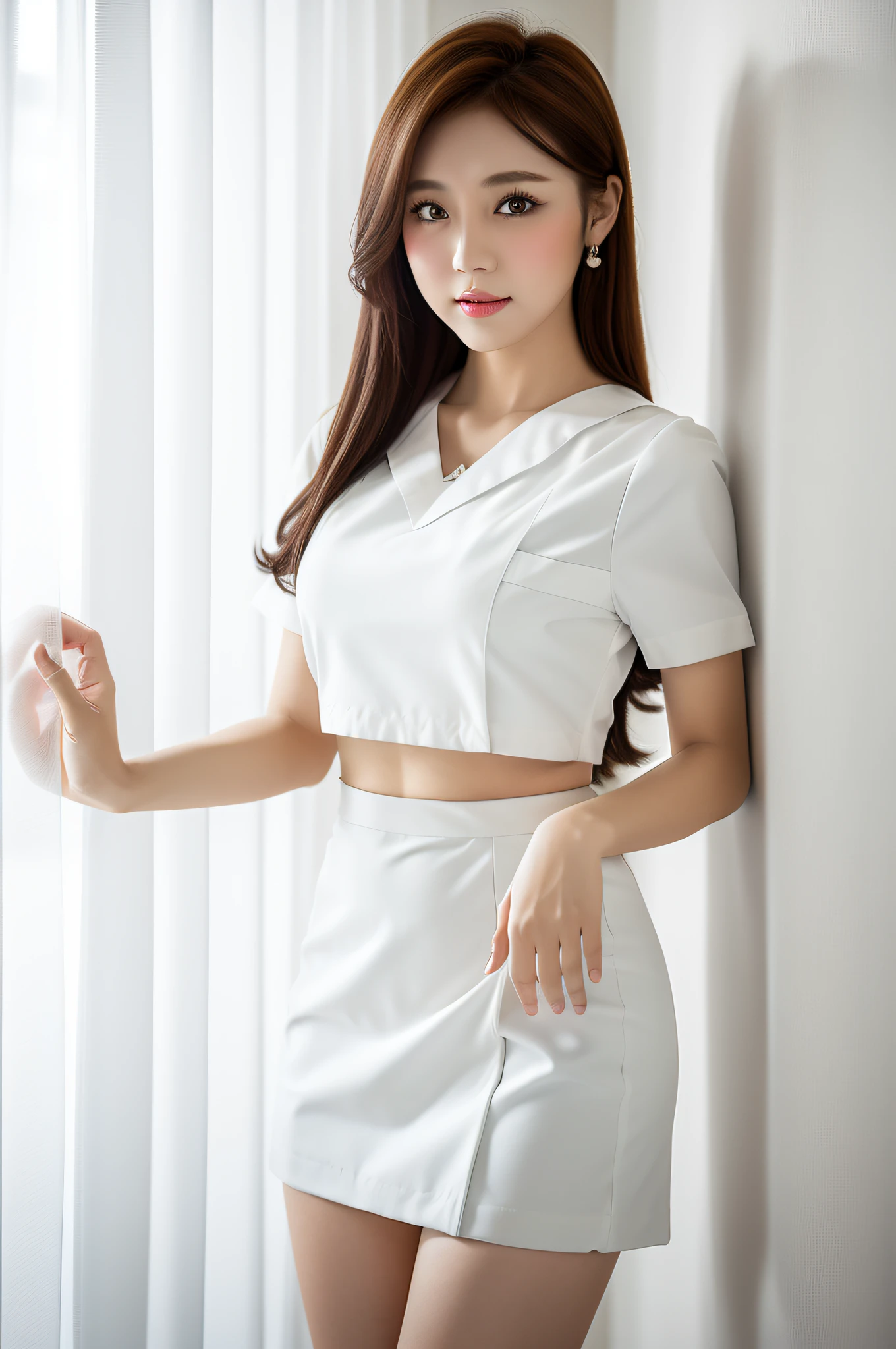 8k, high definition, clinic, curtain, girl single, mini skirt, nurse, white dress, masterpiece, top quality, highly detailed